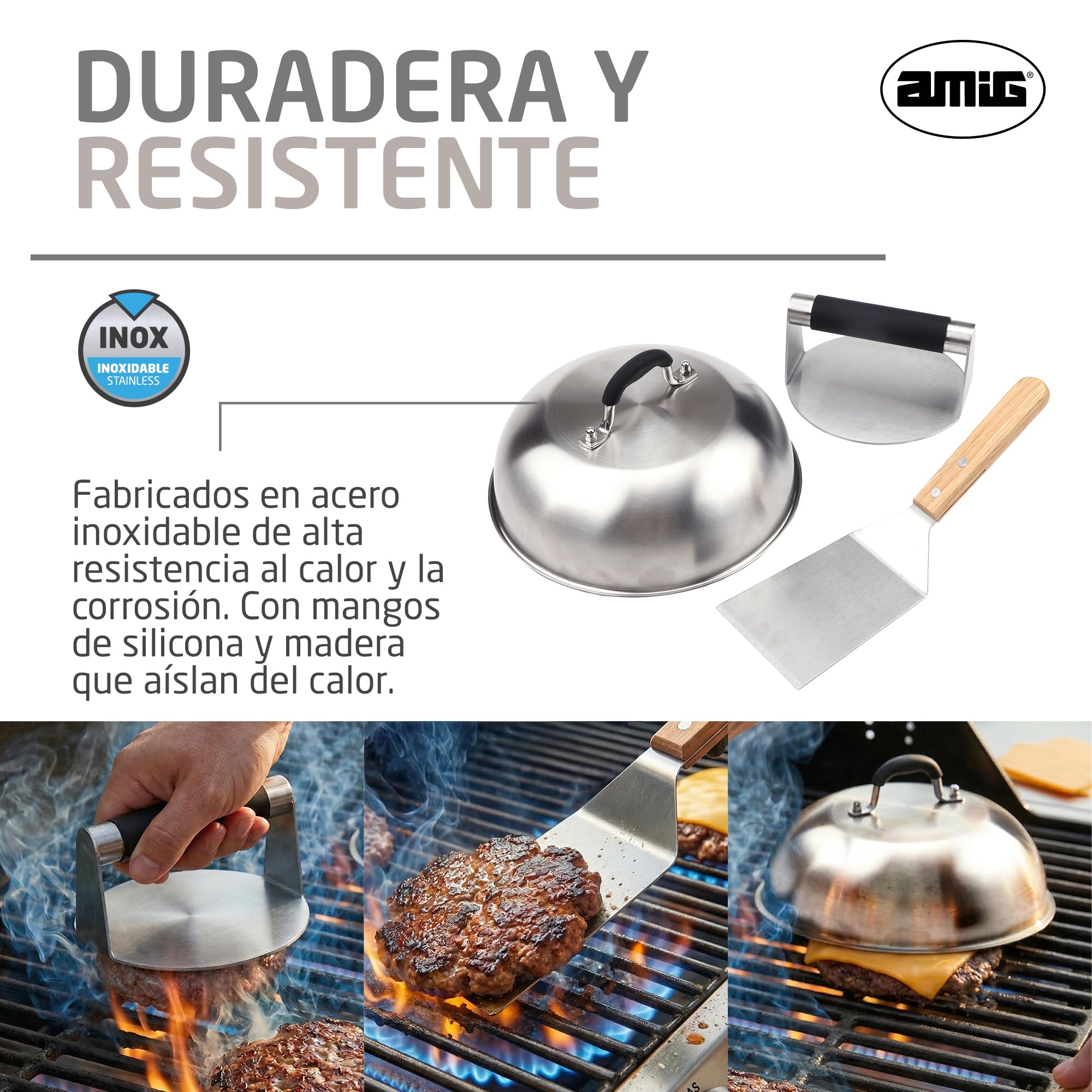 Amig - Kit 3 Accesorios para Smash Burger - Prensa para Carne, Campana para Fundir Queso, Espátula - Acero Inoxidable - Mod. AM12