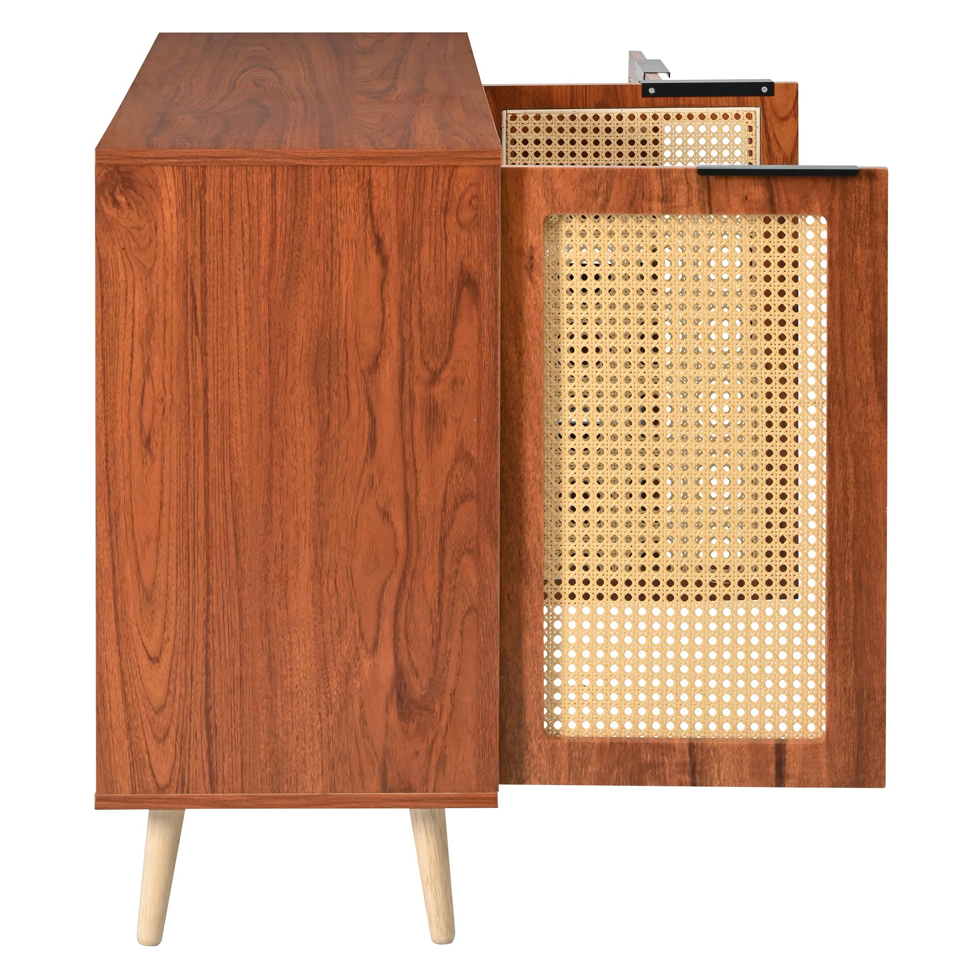 Moimhear Aparador vintage de ratán con 2 puertas y 3 cajones, equipado con asas negras para comedor, cocina y salón (nogal)