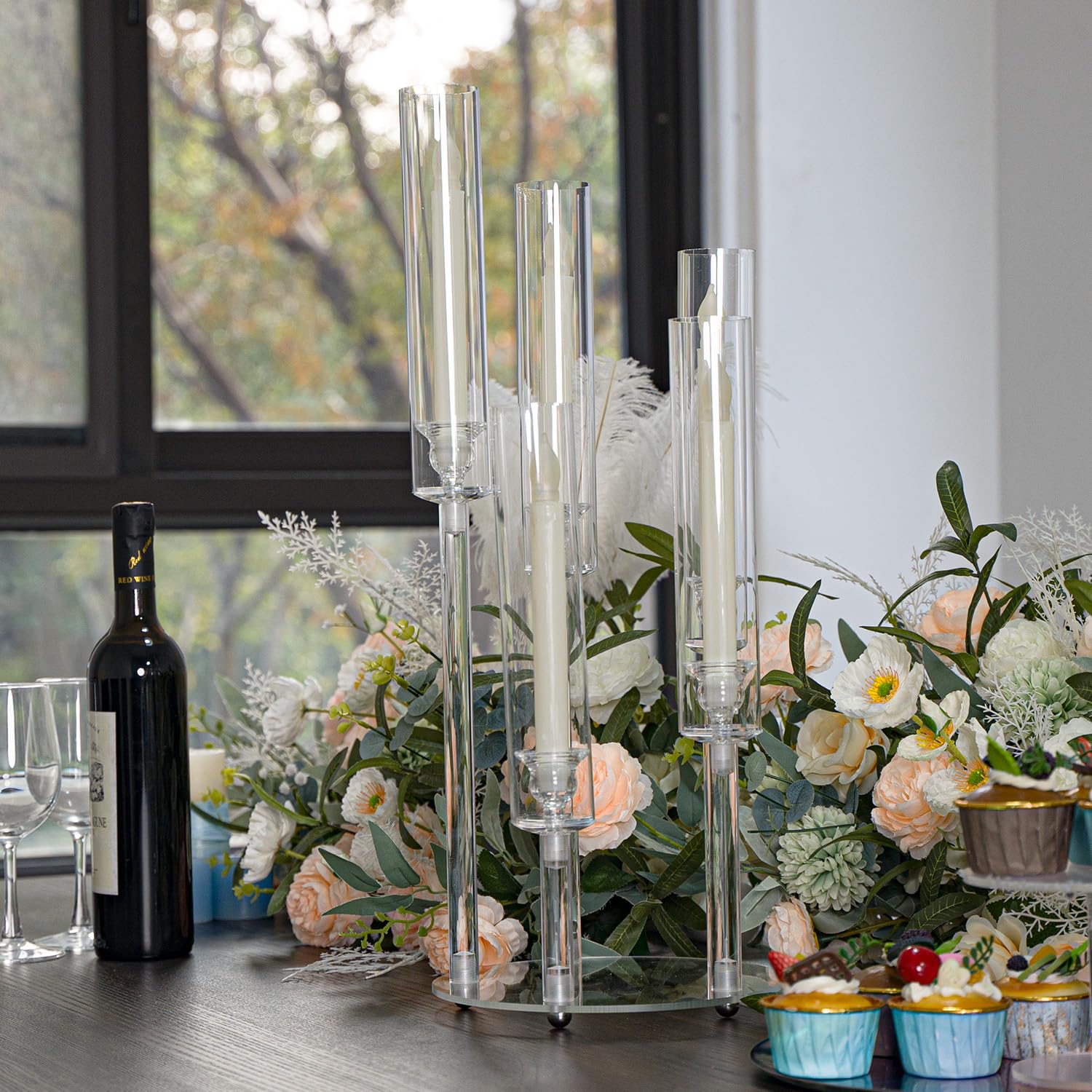 5 Braccio acrilico chiaro candelabro centrotavola per matrimonio, portacandele cono con paralume acrilico per Natale casa festa di compleanno tabella regali di Pasqua (Fit 2,2 cm candele led)