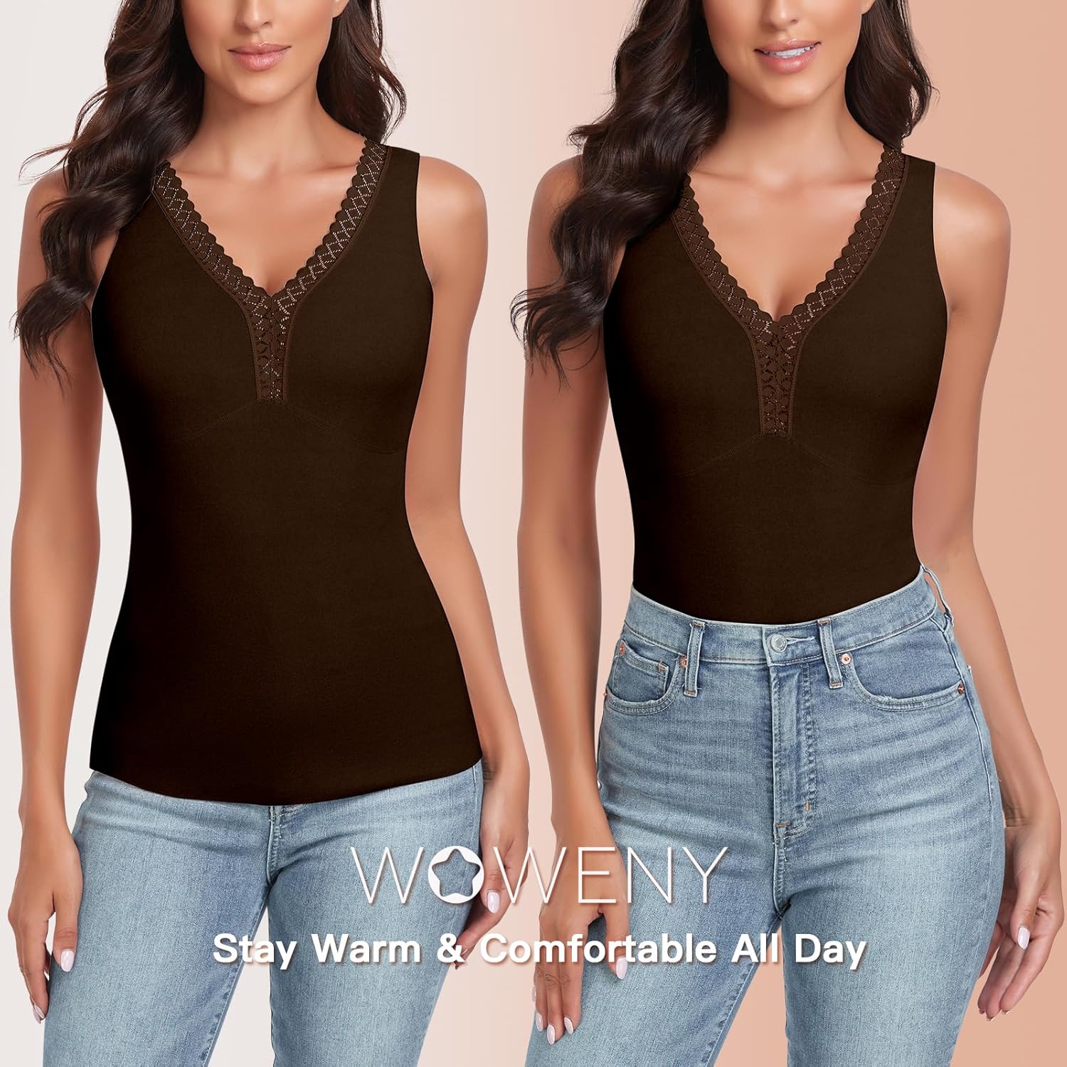 WOWENY Sleeveless Thermal Fleece Tank Top for Women V Neck Lace Camisole Warm Base Layer Cami Vest Underwear Tops - Image 4