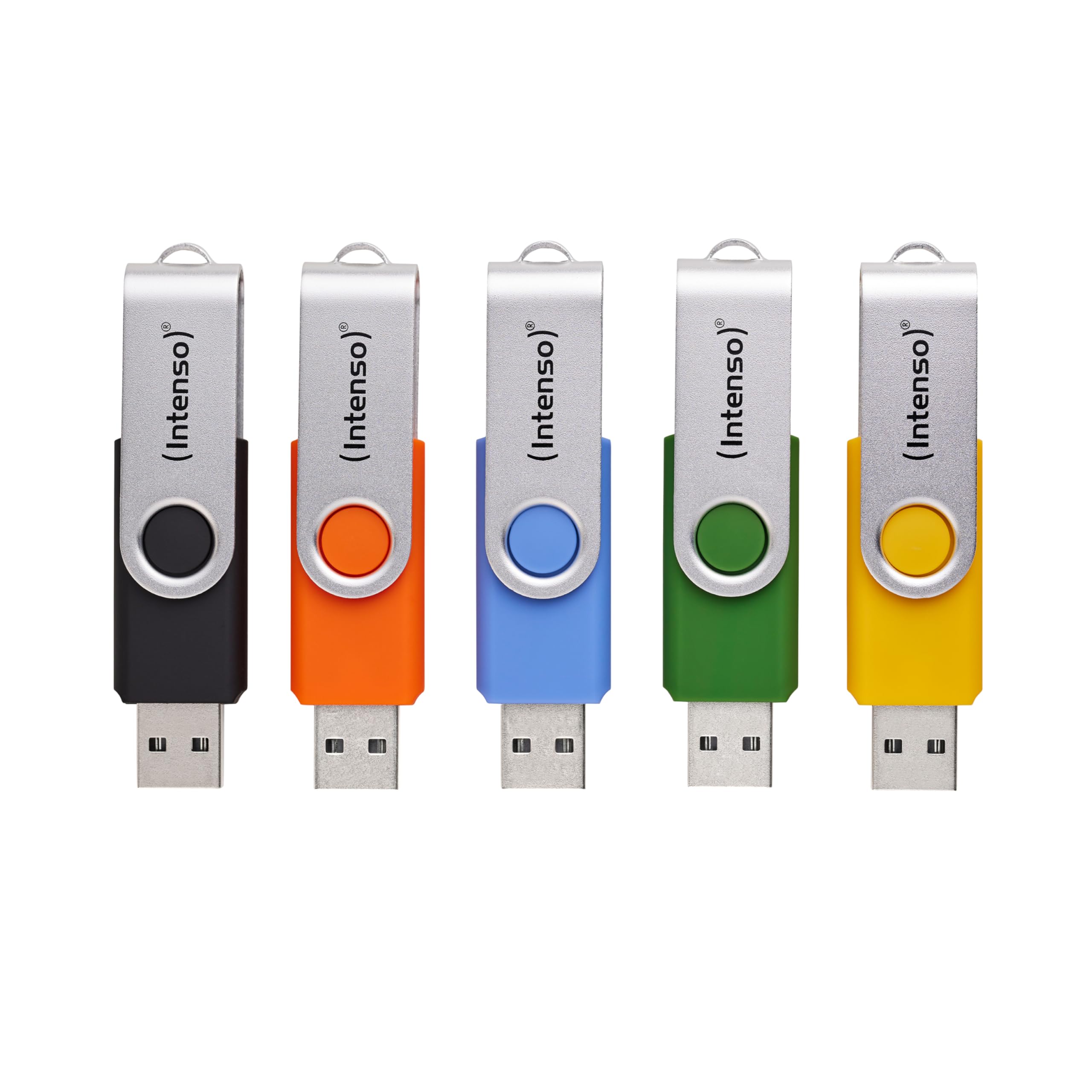 Intenso Basic Line - Chiavette USB 2.0 da 16 GB, con pratica etichetta, giallo, verde, nero, blu + arancione, con staffa in metallo argentato, confezione da 5
