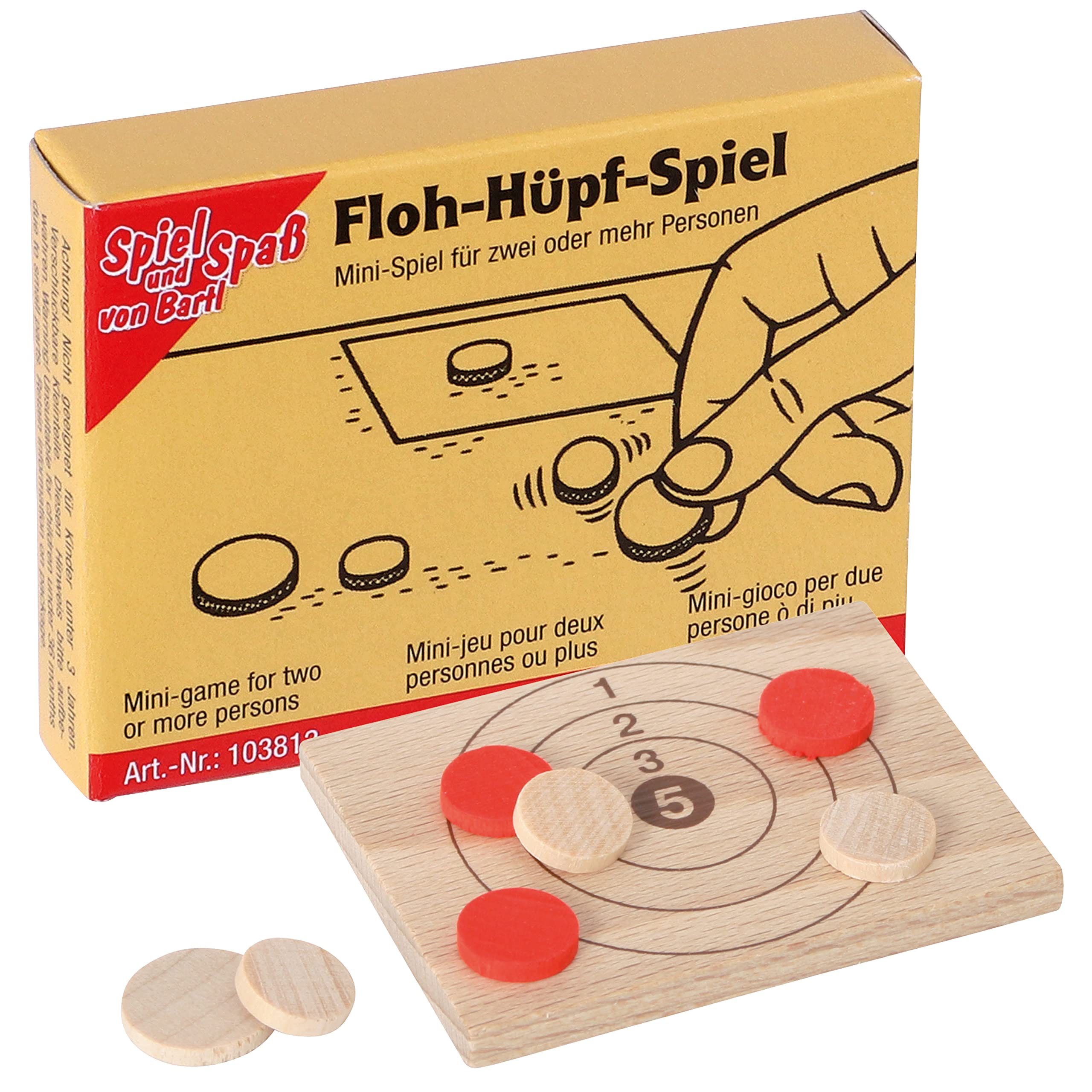 Floh-Hüpf-Spiel – Mini-Holzspiel mit 8 Vollholzsteinen