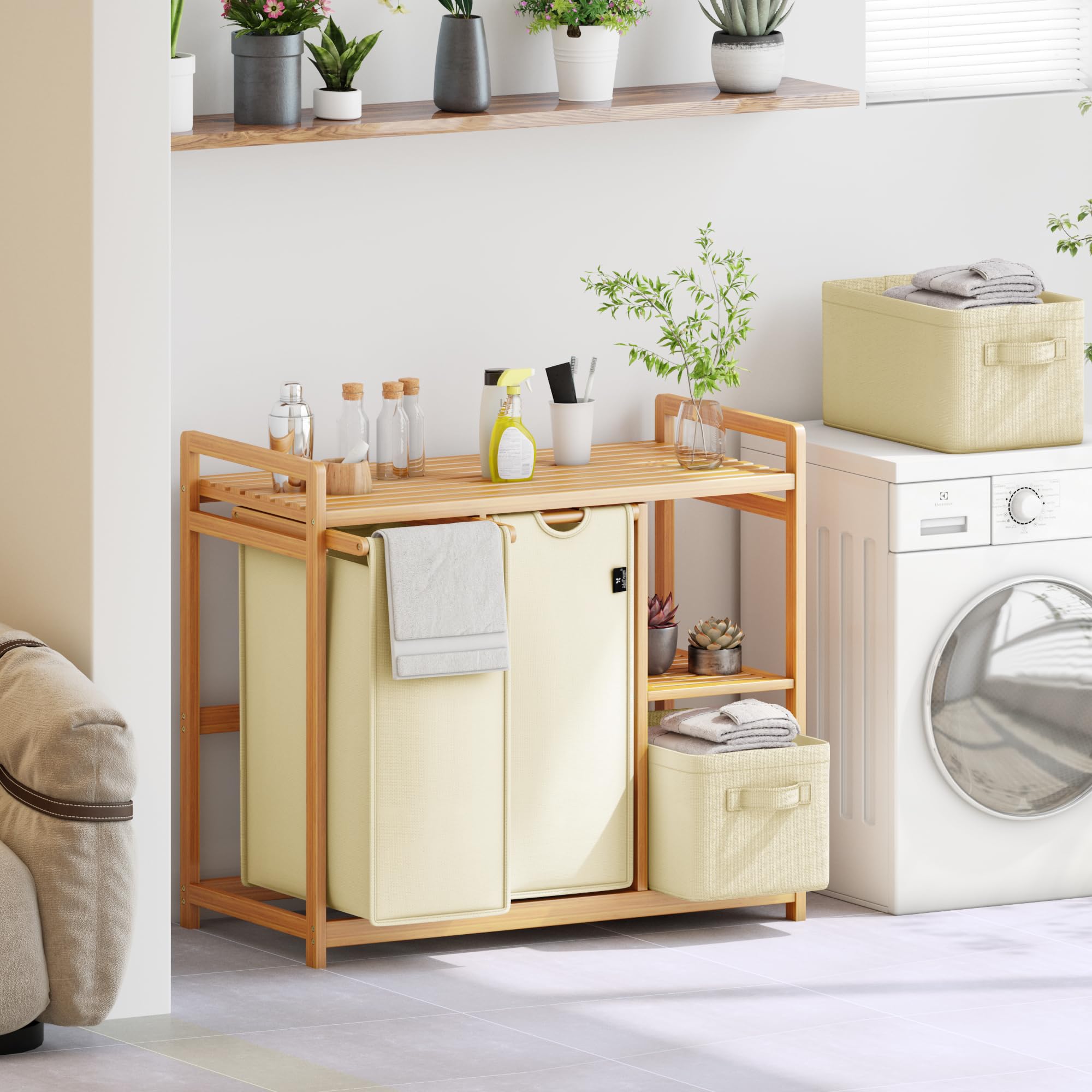 AdelDream B0FCXLP1 - Cesto portabiancheria a 4 scomparti, 140 l, con cestino, con 2 sacchetti per la biancheria e 2 scatole di stoffa con ripiano, in bambù, per la biancheria, colore: Beige