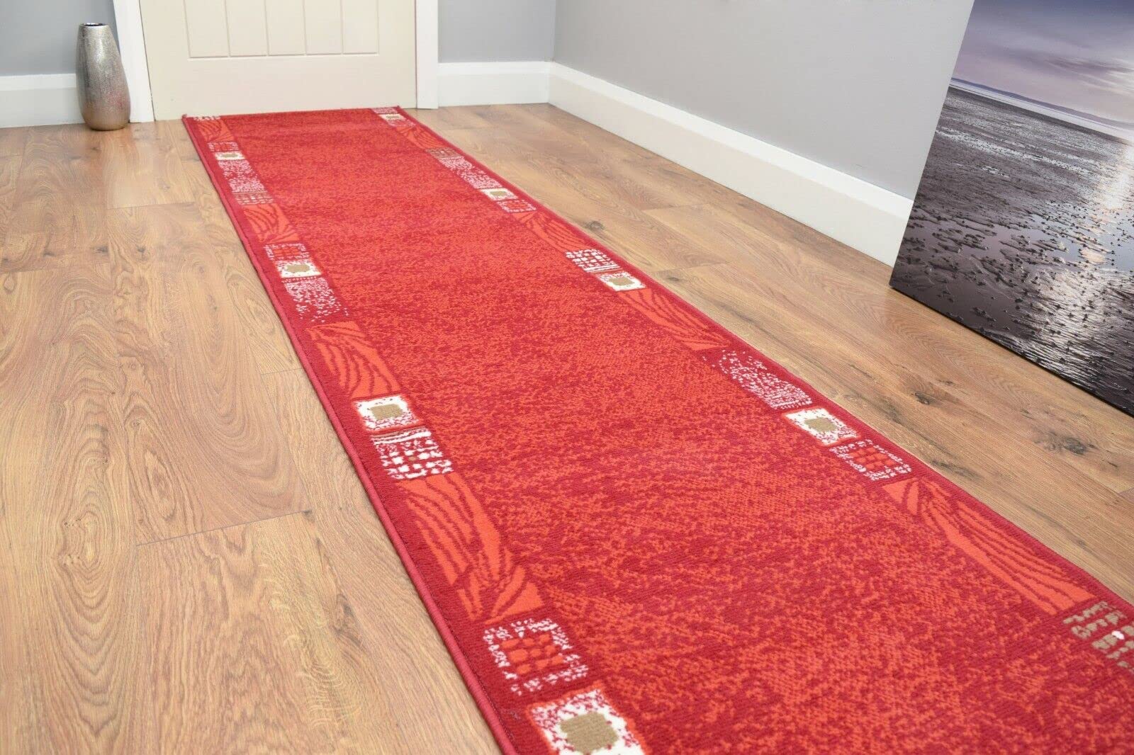 SrS Rugs® Luna Collection, Modern Long Carpet Runner Rug for Entrance Hall and Stairs. Smooth Soft 8mm Depth Pile. 70cm Wide. Any length (Red Borders, Length: 12' (366cm)) — image 1