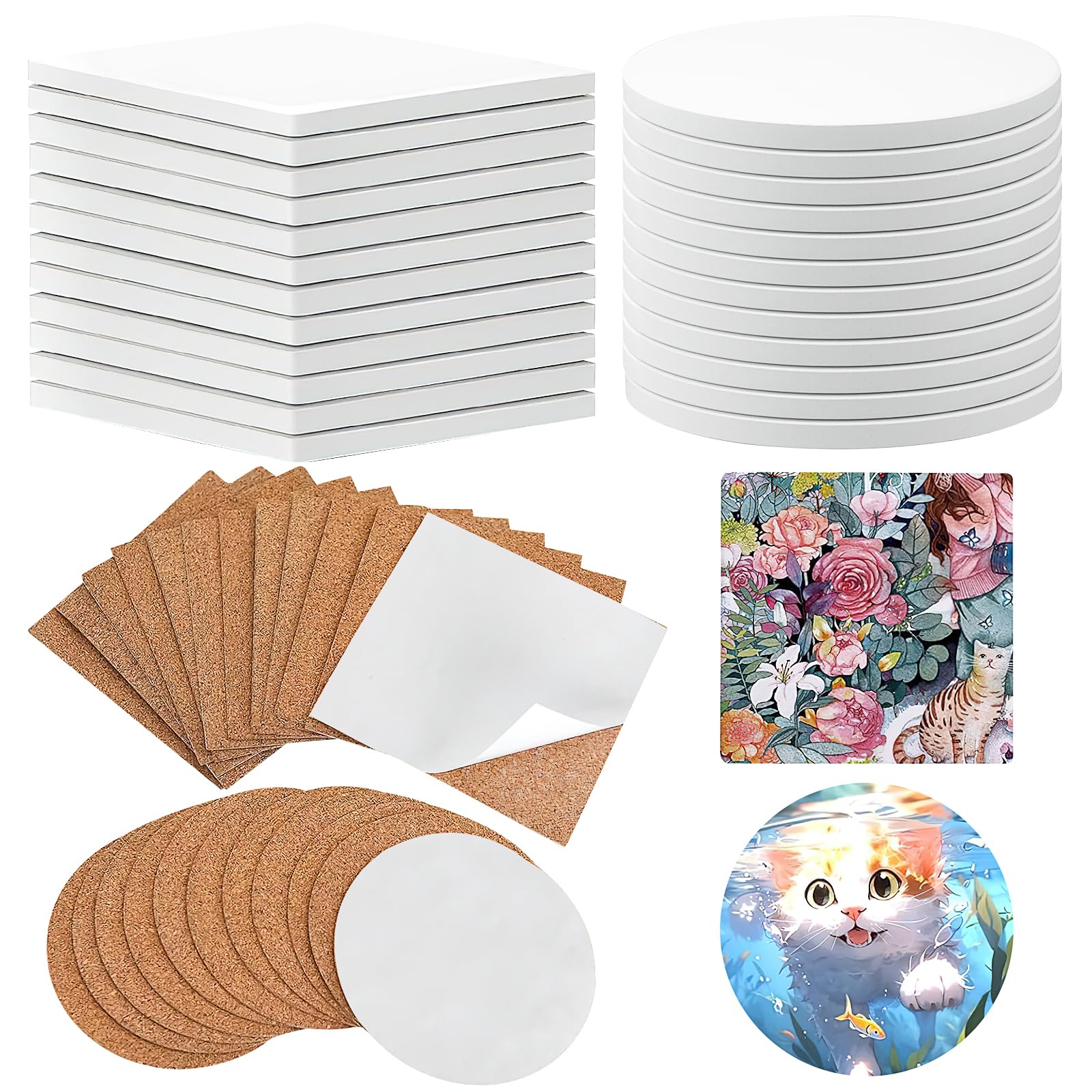 LYCN 24 Pcs Ceramic Tiles for Crafts Coasters, Blank Unglazed White Ceramic Coasters Self-Adhesive Cork Backing Coasters with 24 Cork Backing Pads for Inks Art Painting DIY,10cm/4inch (Square＋Round)