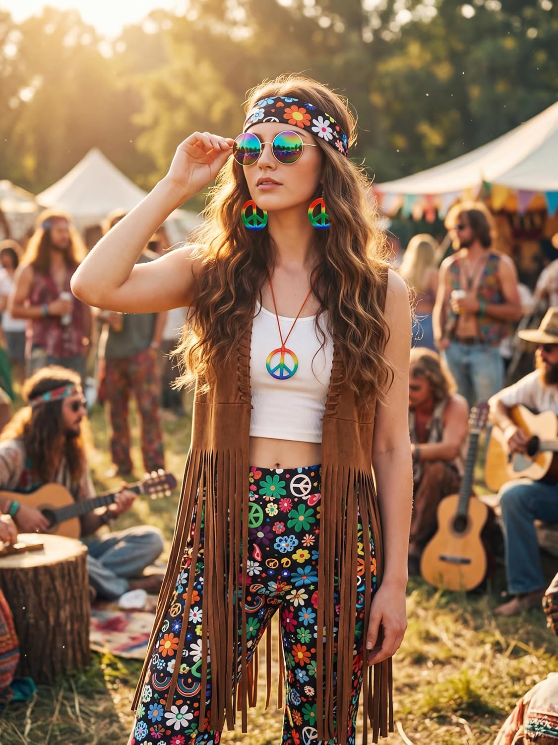 SOMSOC 7 Pieces 70s Women Hippie Costume Fringe Vest Bag Pant Headband for Halloween