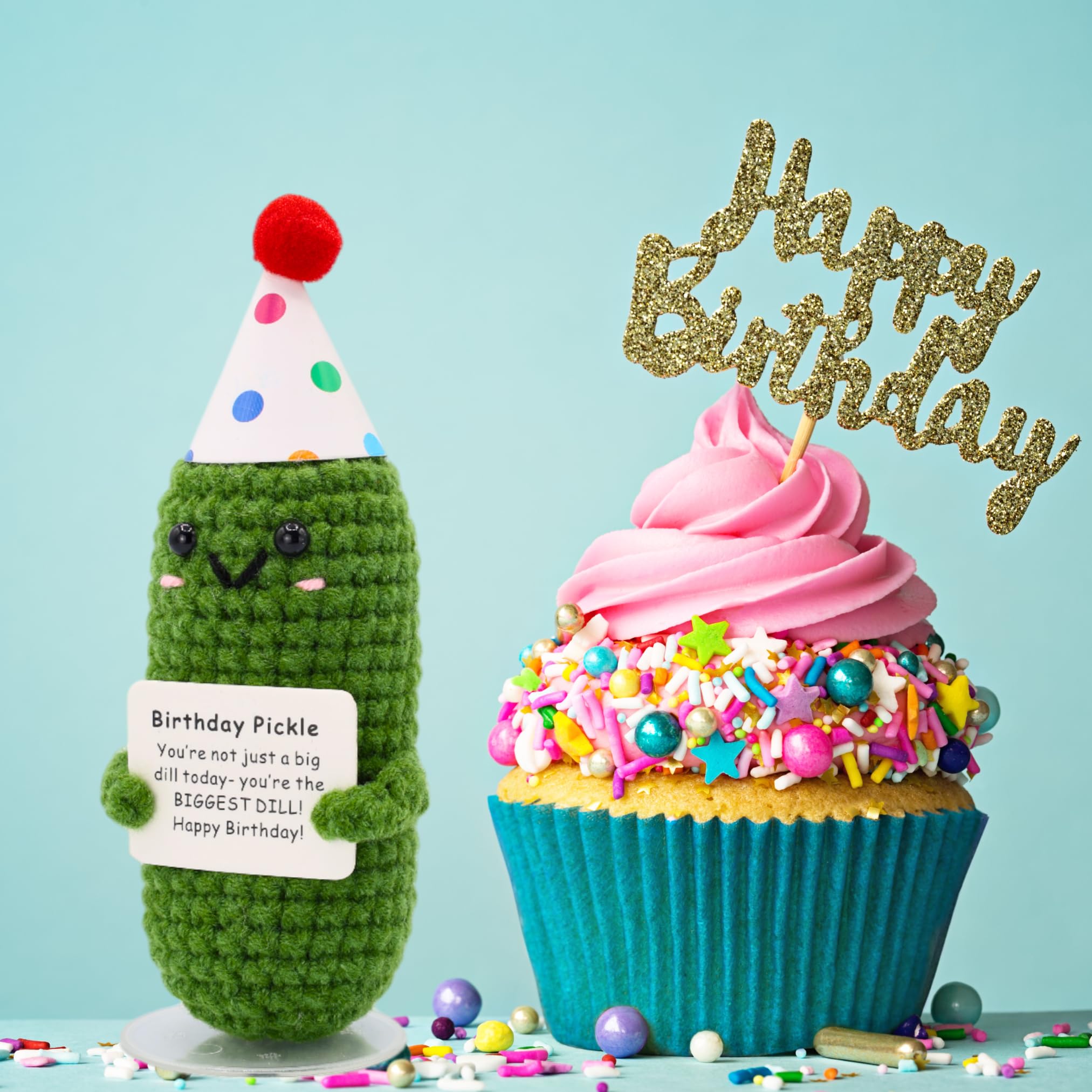 Birthday Pickle with Stand. Emotional Support Crochet Gift. Happy Birthday Gifts for Women, for Her. Present for Mom. Funny Gag Gift for Friends.