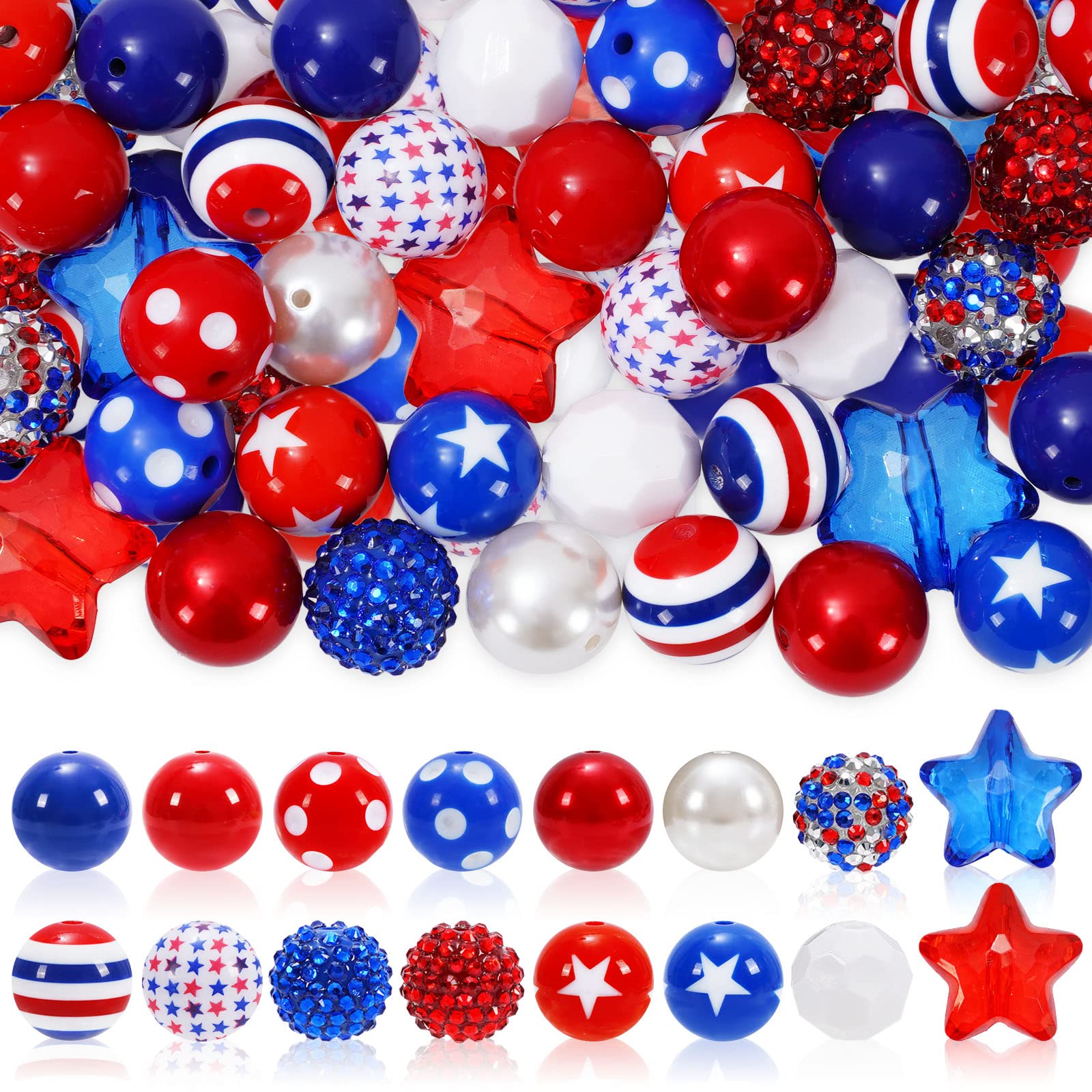 Whaline50Pcs 20mm Patriotic Beads 16 Styles Star Round Mixed Bubblegum Beads Set Red Blue White Spacer Bead Chunky Beads Jumbo Plastic Beads for July 4th DIY Jewelry Making Boutique Craft Supplies