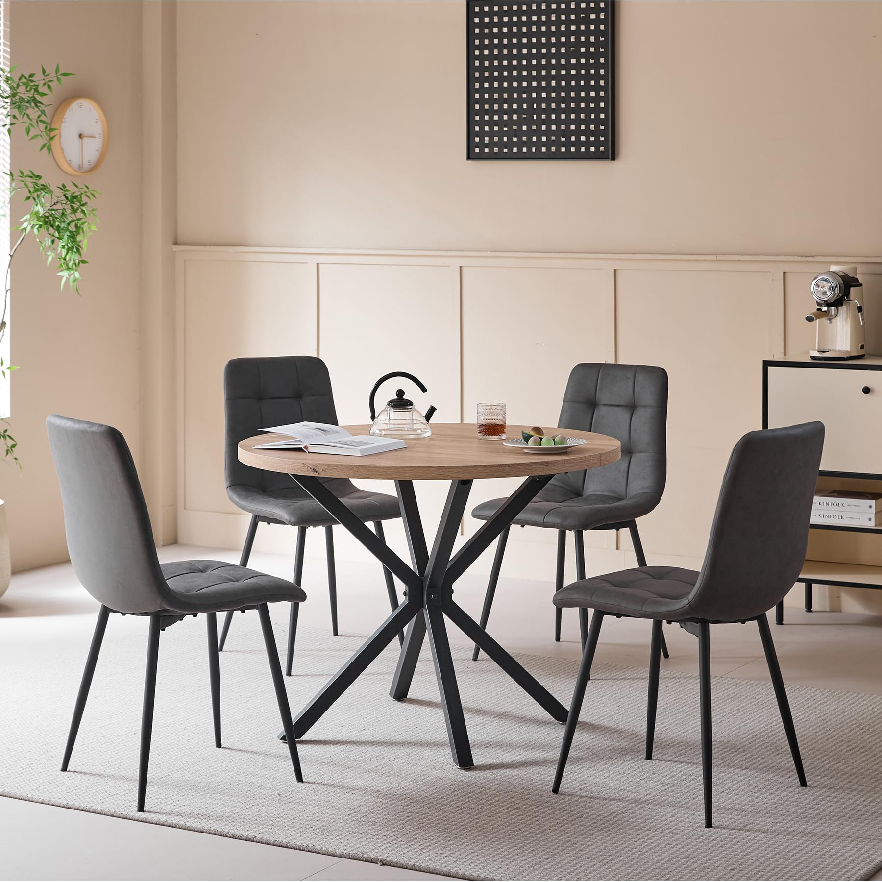 DEYARNA Ensemble de salle à manger 5 pièces ronde 100 cm 4 chaises cuir synthétique cuisine salon balcon restaurant bureau (couleur bois clair + gris foncé)