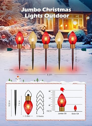 Miniatura 10 de Strawberry Jumbo C9 - Luces de camino de Navidad para exteriores, paquete de 2 unidades en total de 17 pies, 10 luces LED C9 de Navidad, luces C7