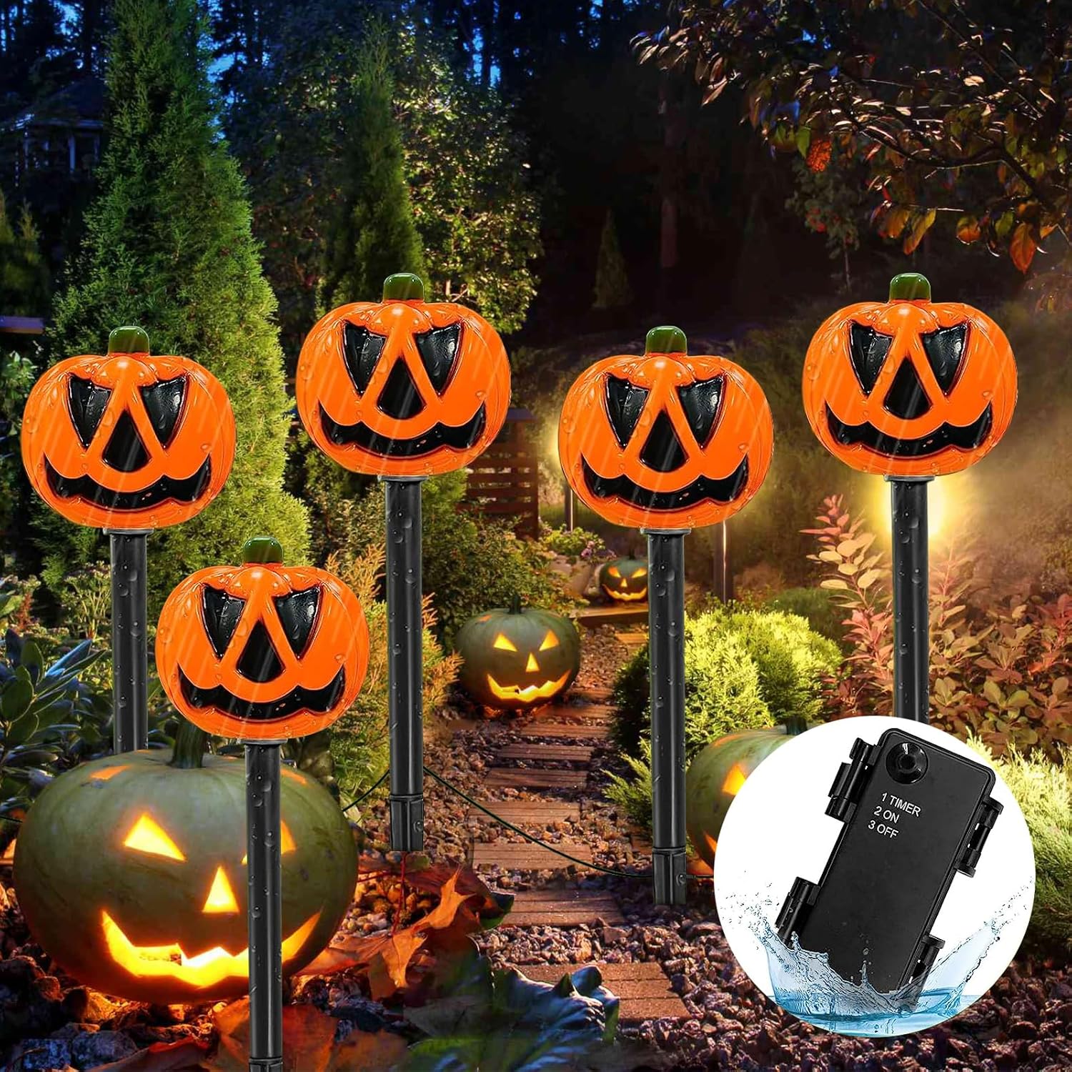 5 Pack Halloween Pumpkin Pathway Lights, 8 Light Modes