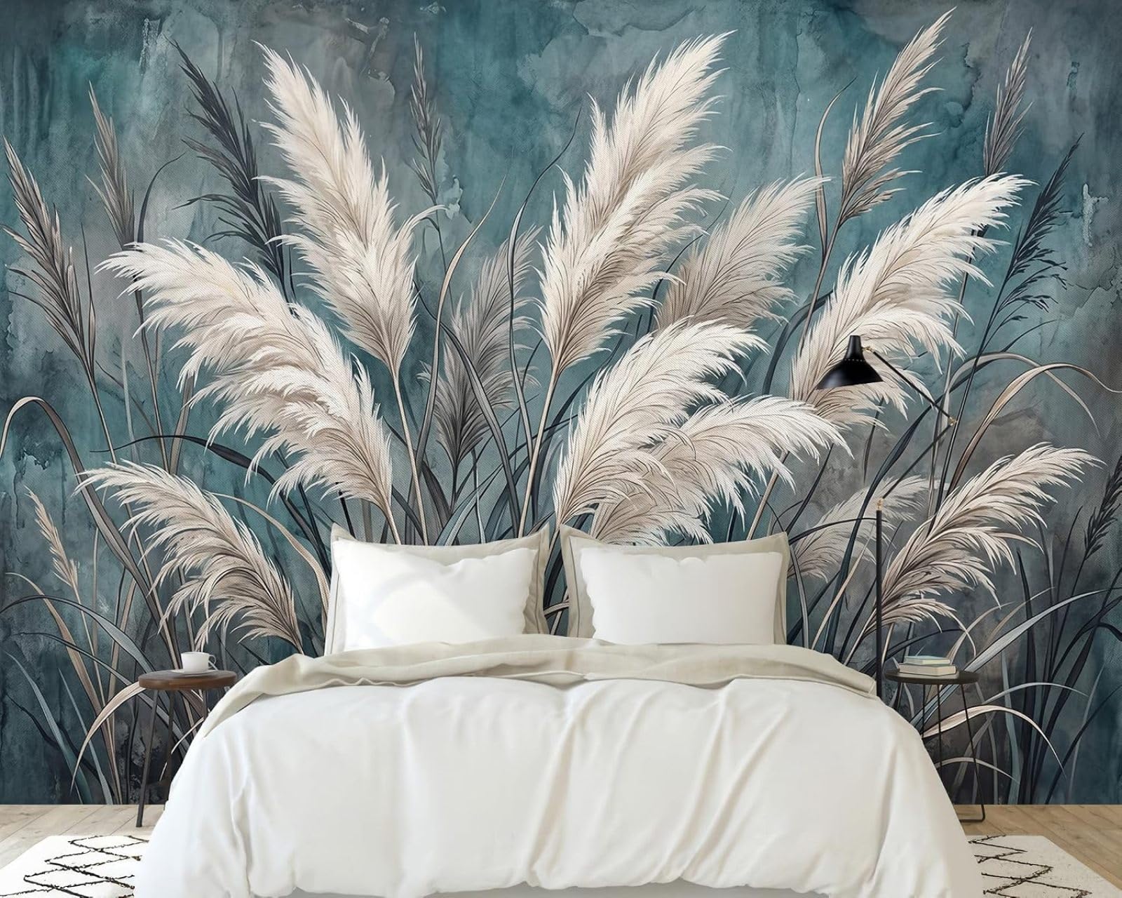 Hgjdjhnf 3D Mural Photo Mural - Wallpaper Pampas Grass Petrol Blue Nature Watercolor Plant Motif Non-Woven Modern Wall Mural Living Room Bedroom Children's Room Wall Decor Motif 150Cm X 105Cm Poster - Wall Sticker