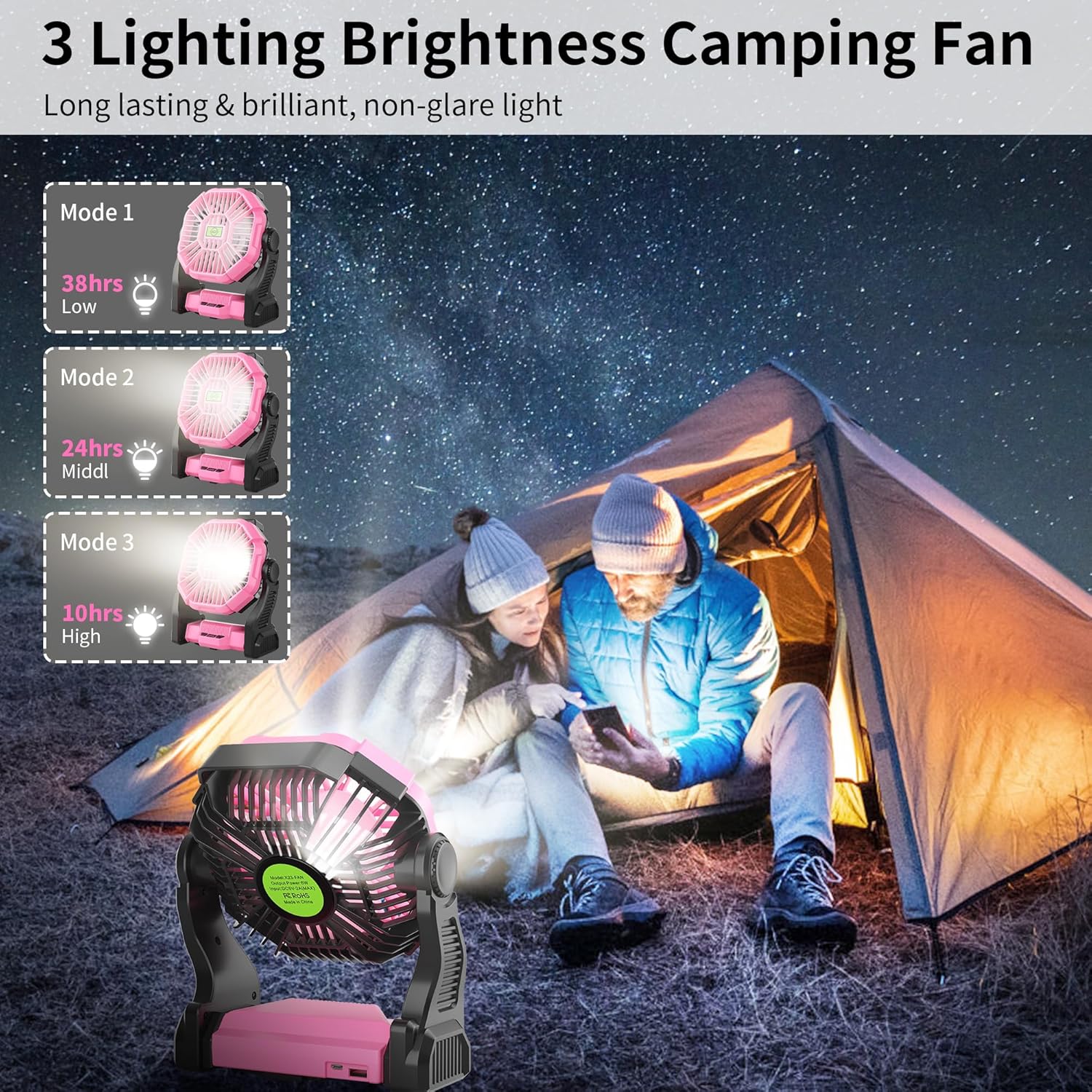 Portable Fan Rechargeable Camping Essentials, Cordless Camping Fan Battery Powered with Led Lights & 360°Hook, USB Battery Operated Fans for Women,4 Speeds Tent Portable for Traveling X23 Pink - Image 4