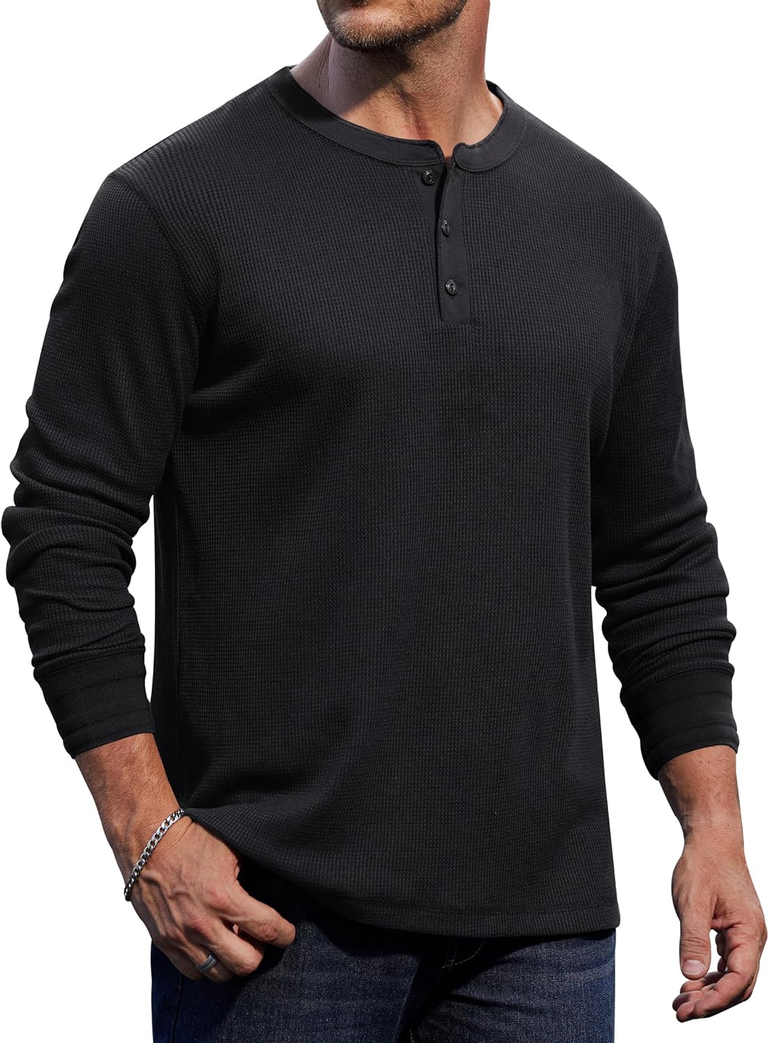 Herberton Mens Waffle Henley Shirts Textured Stretch Long Sleeve Knit Pullover (S-XXL)