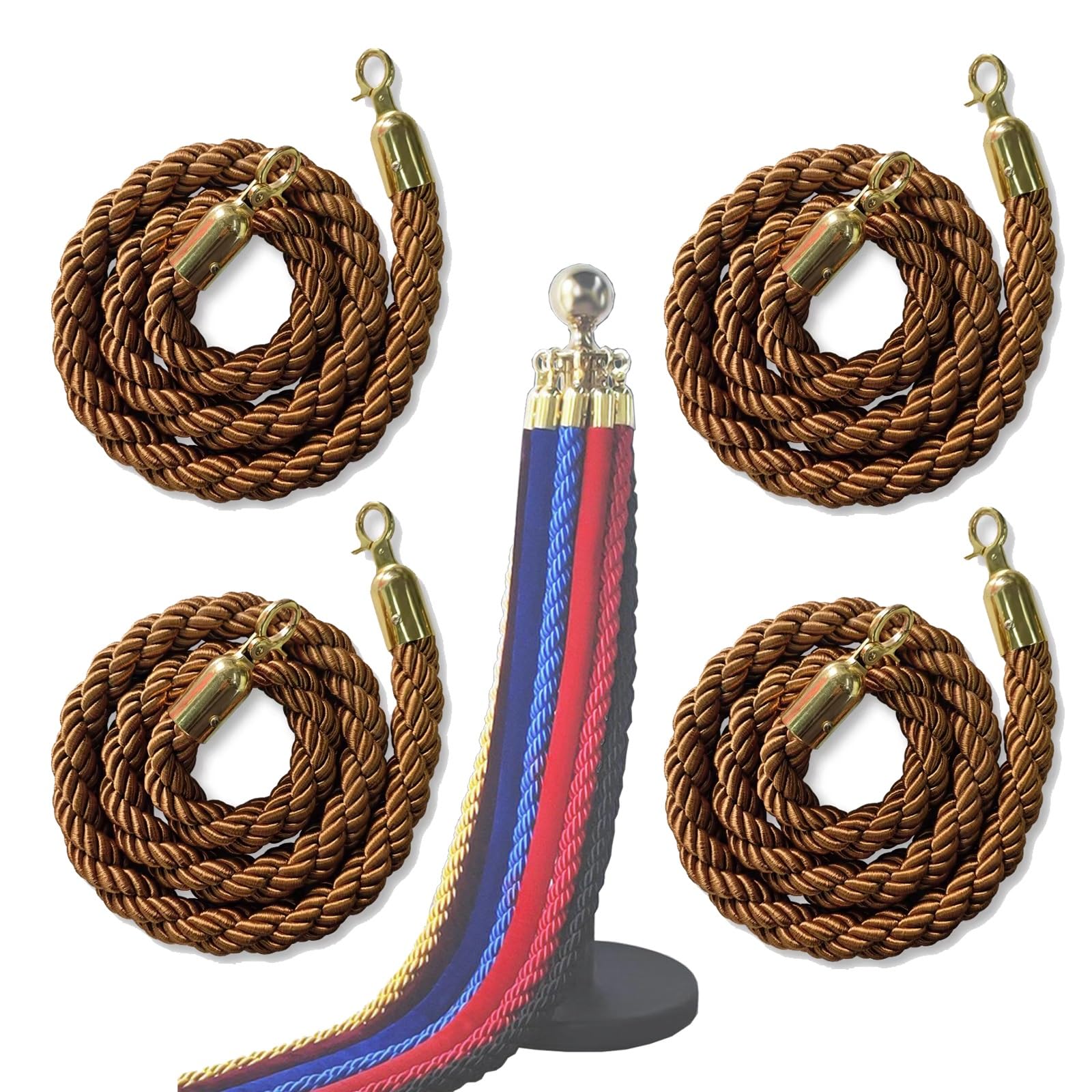 Set di 4 Corde per Montanti, Corde Intrecciate per Il Controllo della Folla per Cerimonie, Feste, Teatri, Ingressi Aziendali con Ganci Dorati(Brown,200cm/79in/6.6ft)
