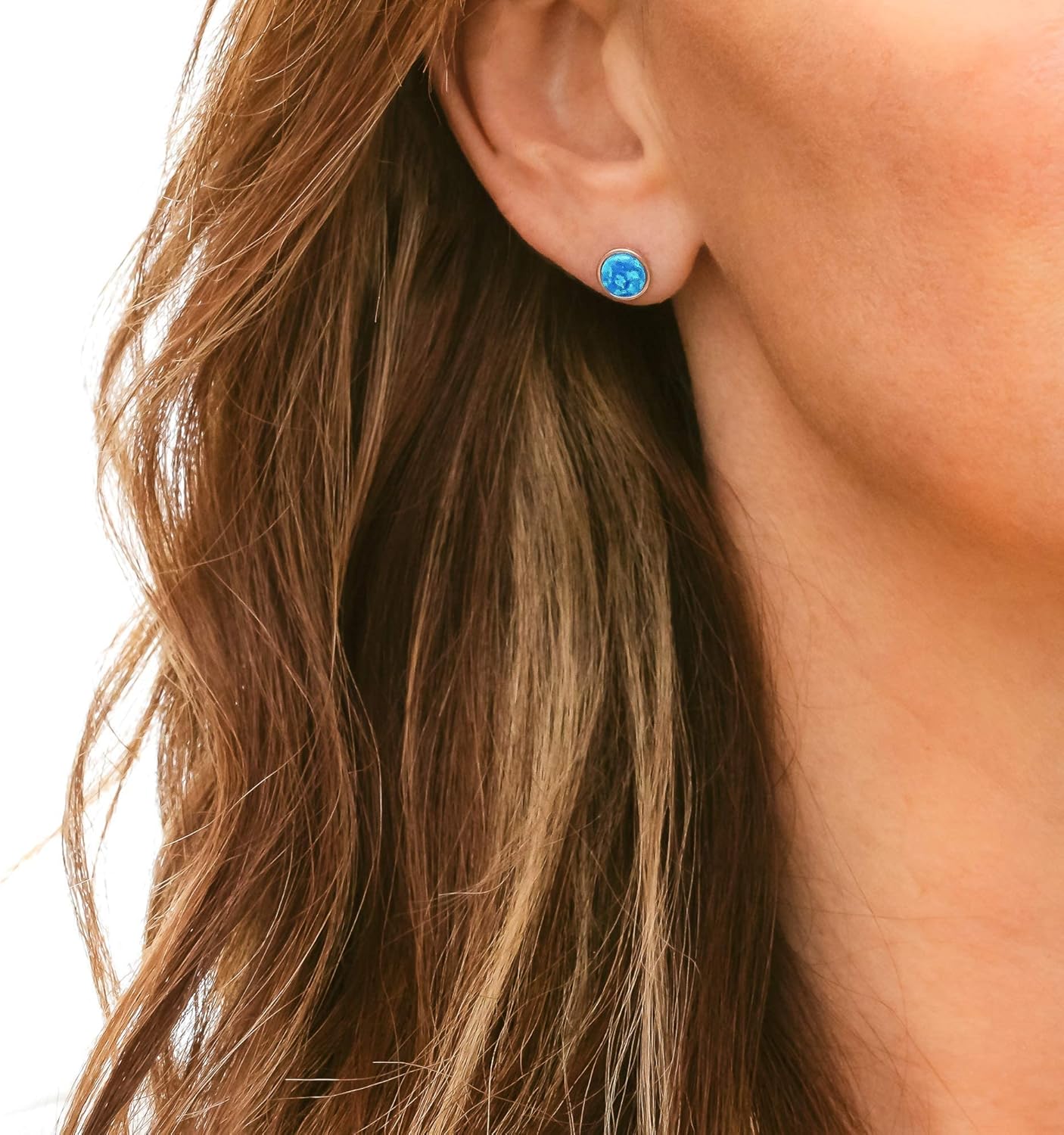 Blue Opal Stud Earrings- 7mm- Bezel Set- 14k gold overlay on 925 Sterling Silver- Teacher Gift- Graduation- Mothers Day - Image 2
