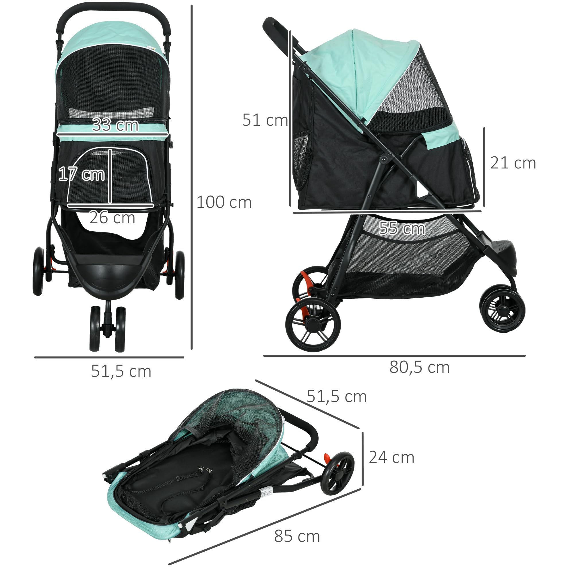 PawHut Hundewagen 2 in 1 Hundebuggy klappbar für Hunde & Katzen bis 10 kg Katzenbuggy mit Kissen Netzfenstern Türen Aufbewahrungskorb Katzenwagen Buggy Grün