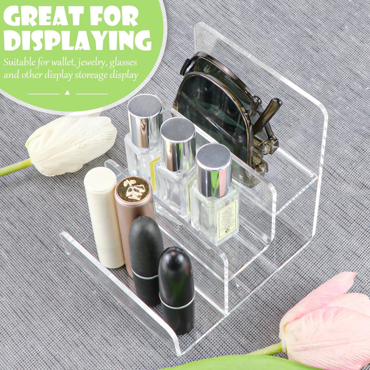 3-Tier Acrylic Wallet Display Stand Holder Clear Riser Display Shelf Handbag Display Stand Holder Purse Stand Jewelry Display for Pops Figure, Makeup, Sunglasses, Purse, Jewelry