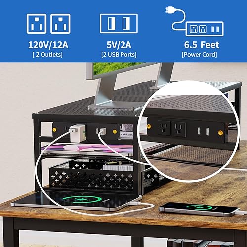 Miniatura 4 de Simple Trending Soporte elevador de monitor de metal de 2 niveles con USB 2.0 y soporte de carga, organizador de escritorio de oficina para