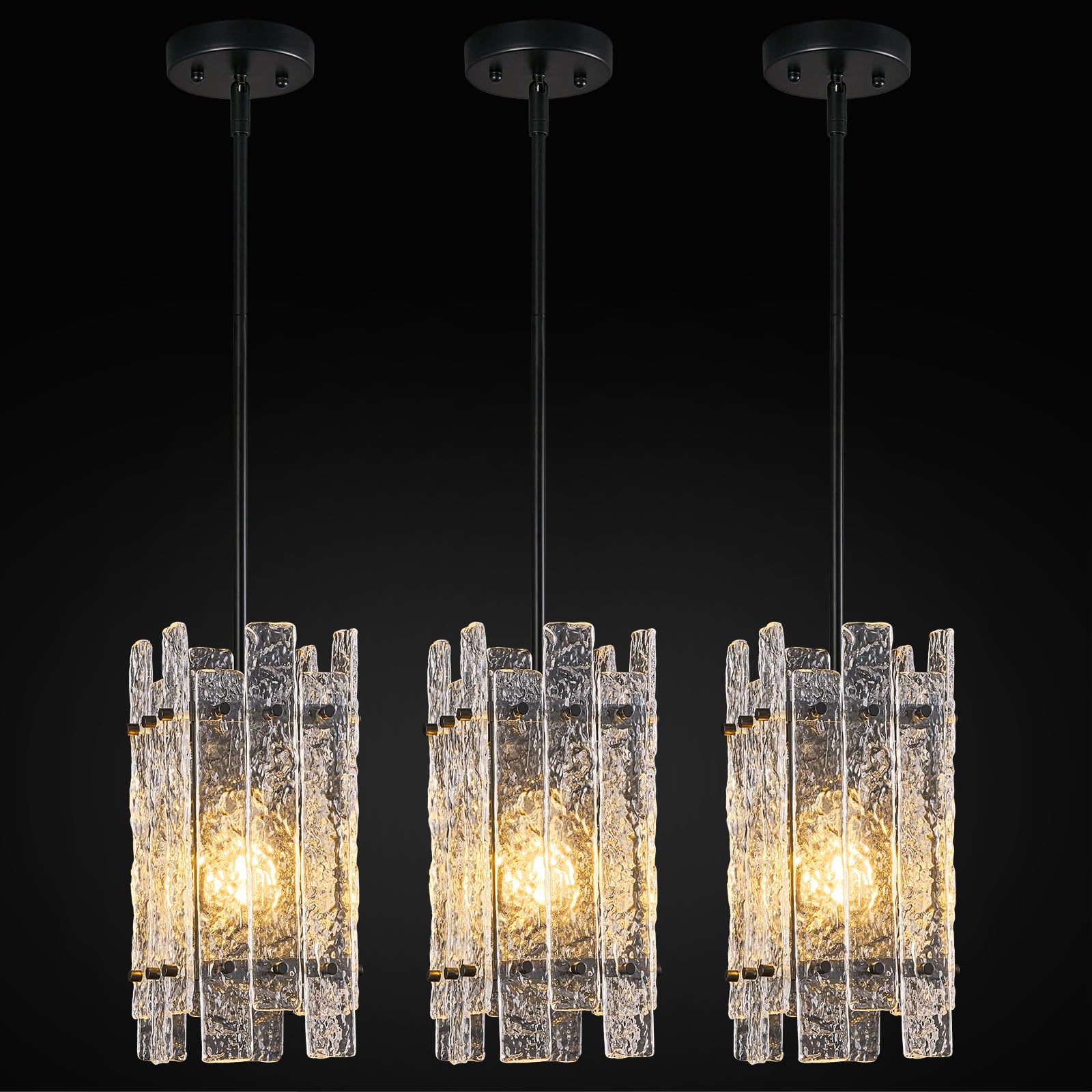 LIANGMH Modern Crystal Pendant Lighting Black Mini Pendant Lights Rectangle Glass Chandeliers, Adjustable Pendant Light Fixture for Kitchen Island Bedroom Living Room Dining Room Corridor(3Pack)