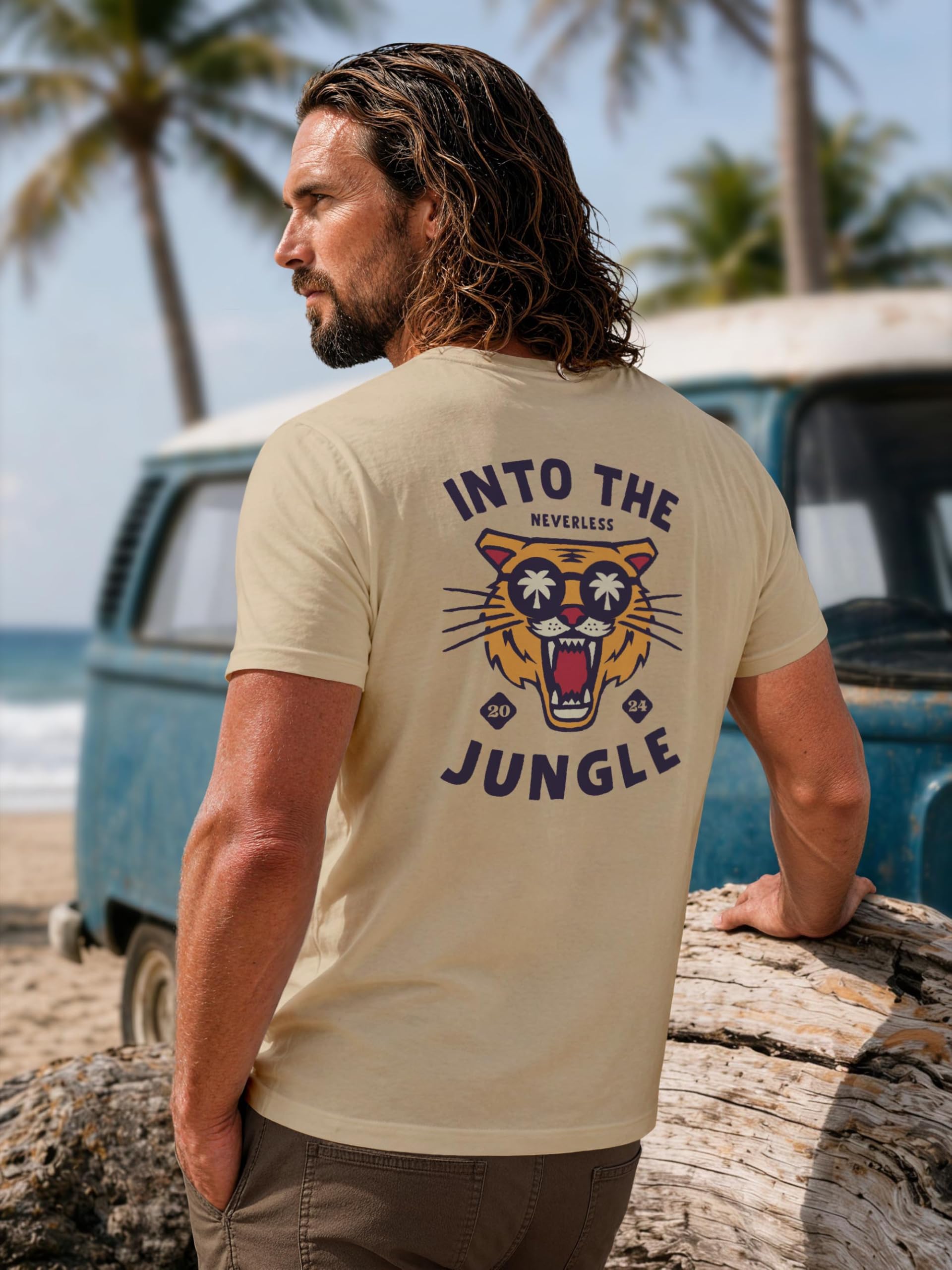 Neverless Maglietta da uomo Backprint Tiger con scritta Into The Jungle Palme Estate Retro Design Fashion Streetstyle