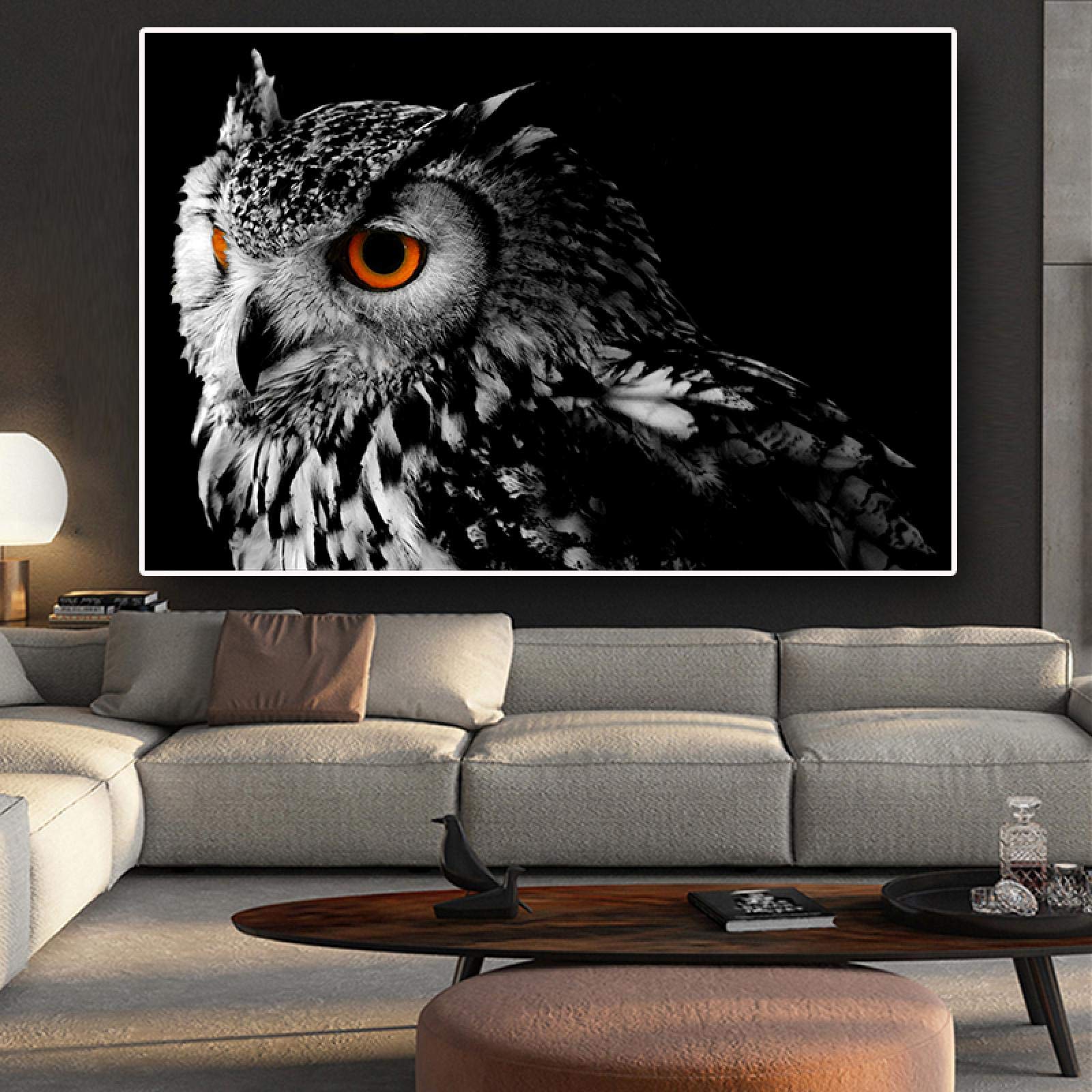 Peinture noir blanc hibou pour salon scandinave moderne et épuré - 8
