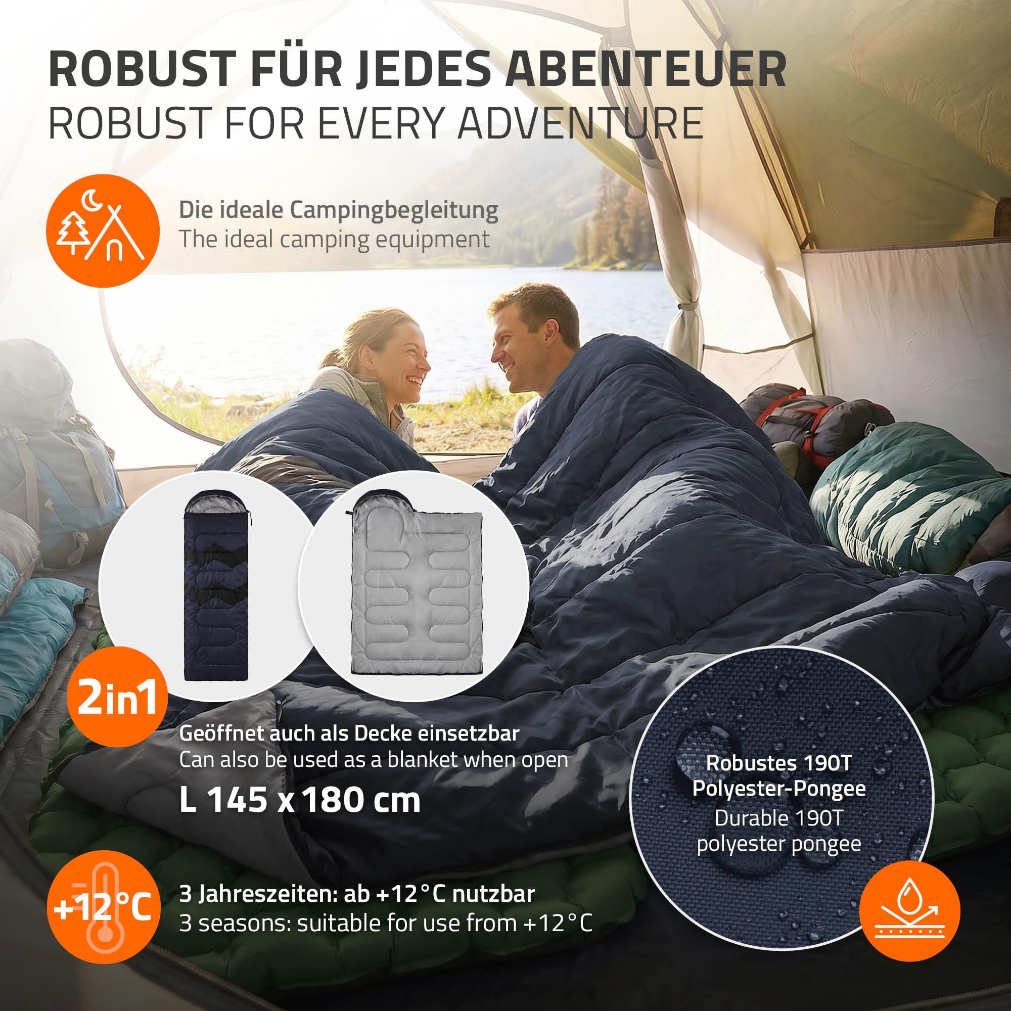 ECD Germany Sac de Couchage Adulte pour Camping Kaki/Bleu Foncé 210 cm, Matériel Léger Chaud et Compact, Portable de 3 Saisons Extérieur, pour Randonnée Voyage ou Tente, avec Housse de Transport