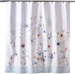 Maison d' Hermine Shower Curtain 100% Cotton One Panel 70"x72" Washable Fabric Shower Curtains for Bathroom, Easy Hanging with 12 Button Holes - Home, Farmhouse, Hotel, Spa (Ice Florals)