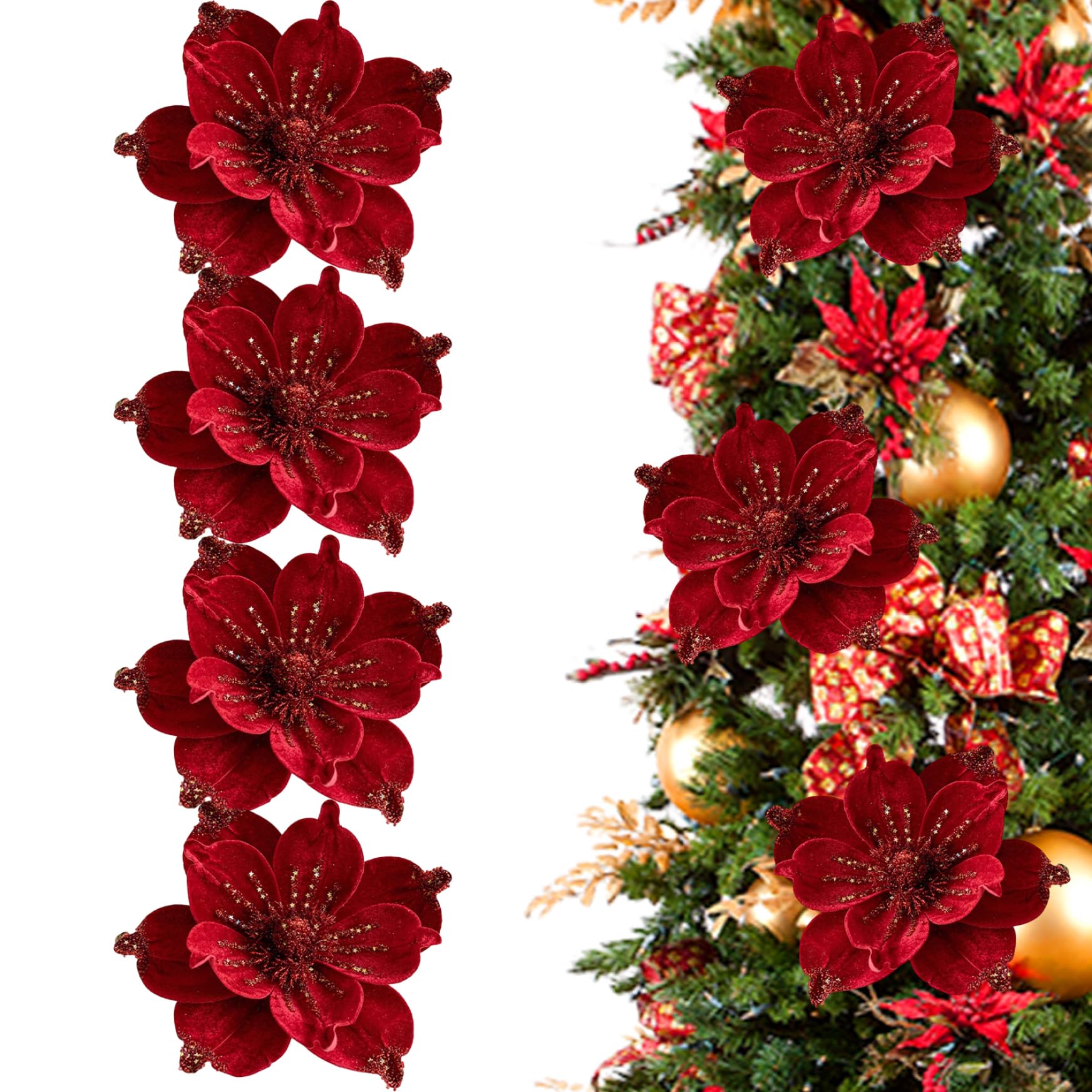 Hbbgdiy 4Pcs Christmas Flowers Artificial Velvet Magnolia Glitter Elegant Ornaments for Christmas Tree Decorations, Wedding, Party and Home Decor, Red