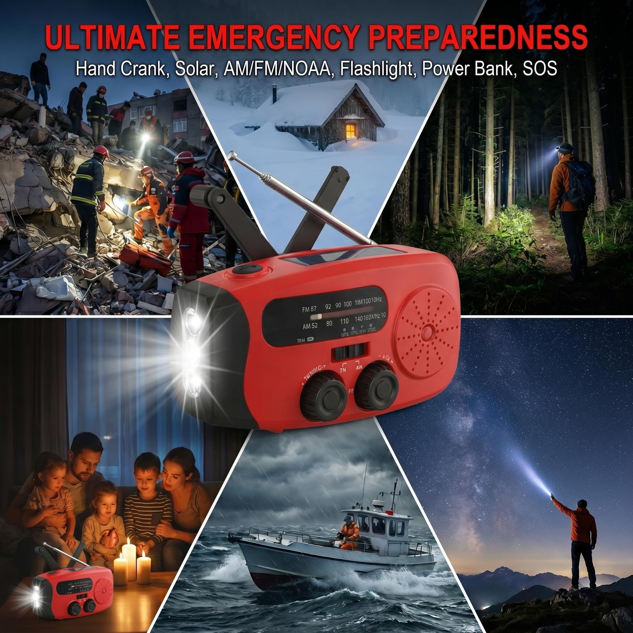 Emergency Radio Solar Kurbelradio con 3LED Linterna, 2000mAh Powerbank y SOS-Alarm – Radio Portátil para Kit de Emergencia Familiar, Camping, Aire Libre, Huracán, Terremotos