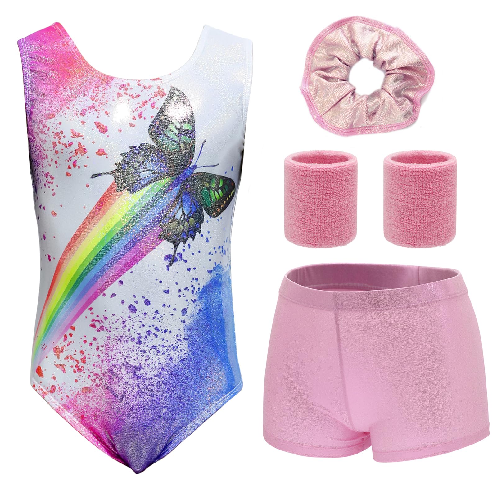 Aosva 5 in 1 Gymnastics Leotards Set for Girls One-piece Sparkle Colorful Dancing Athletic Leotards Shorts Set 2-14Years