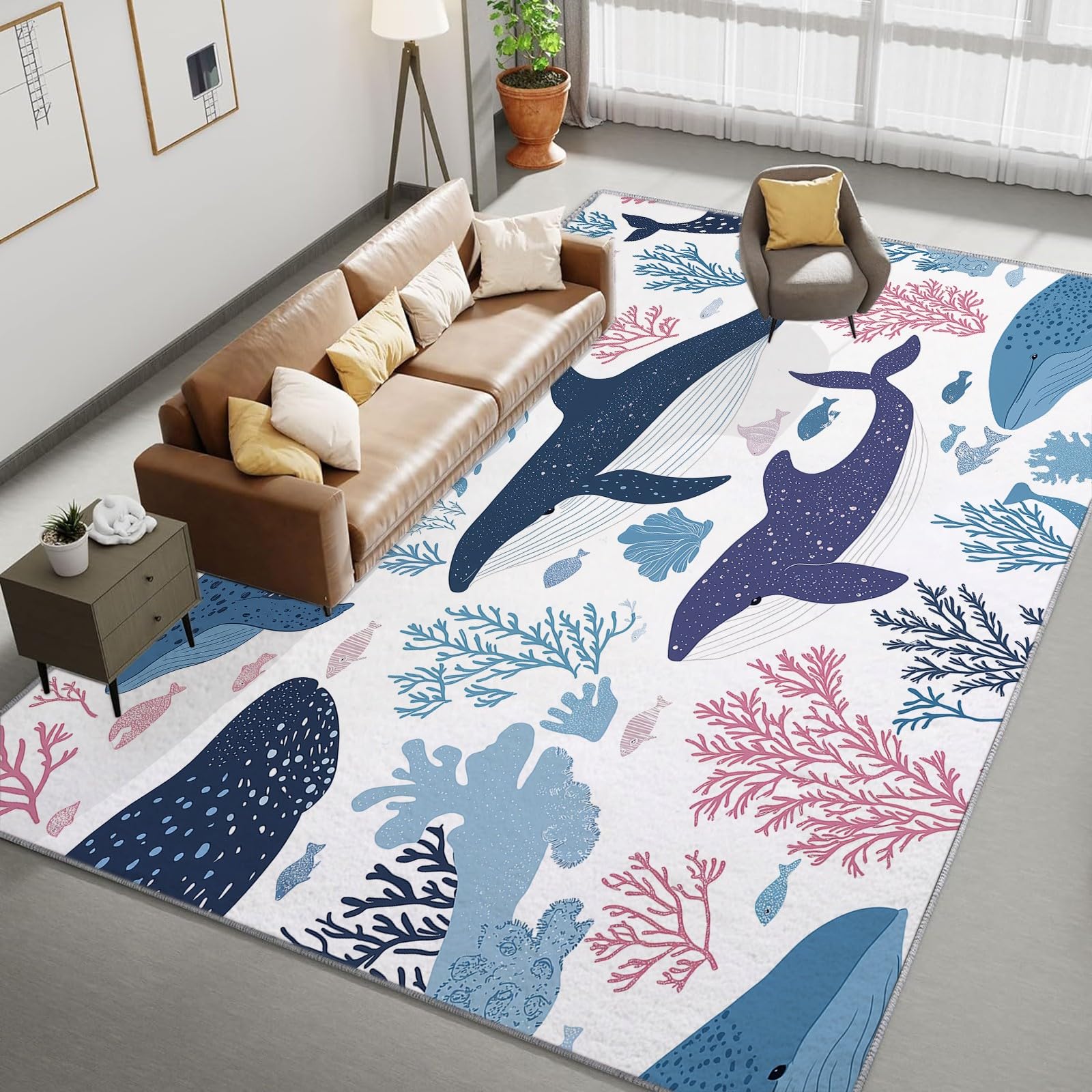 Générique Tapis Intérieur 80x150cm Thème Océan Baleine Tapis Salon Lavable, Tapis de Chambre Moderne à Poil Ras, Antidérapant et Résistant, Tapis Sol Décor À La Maison