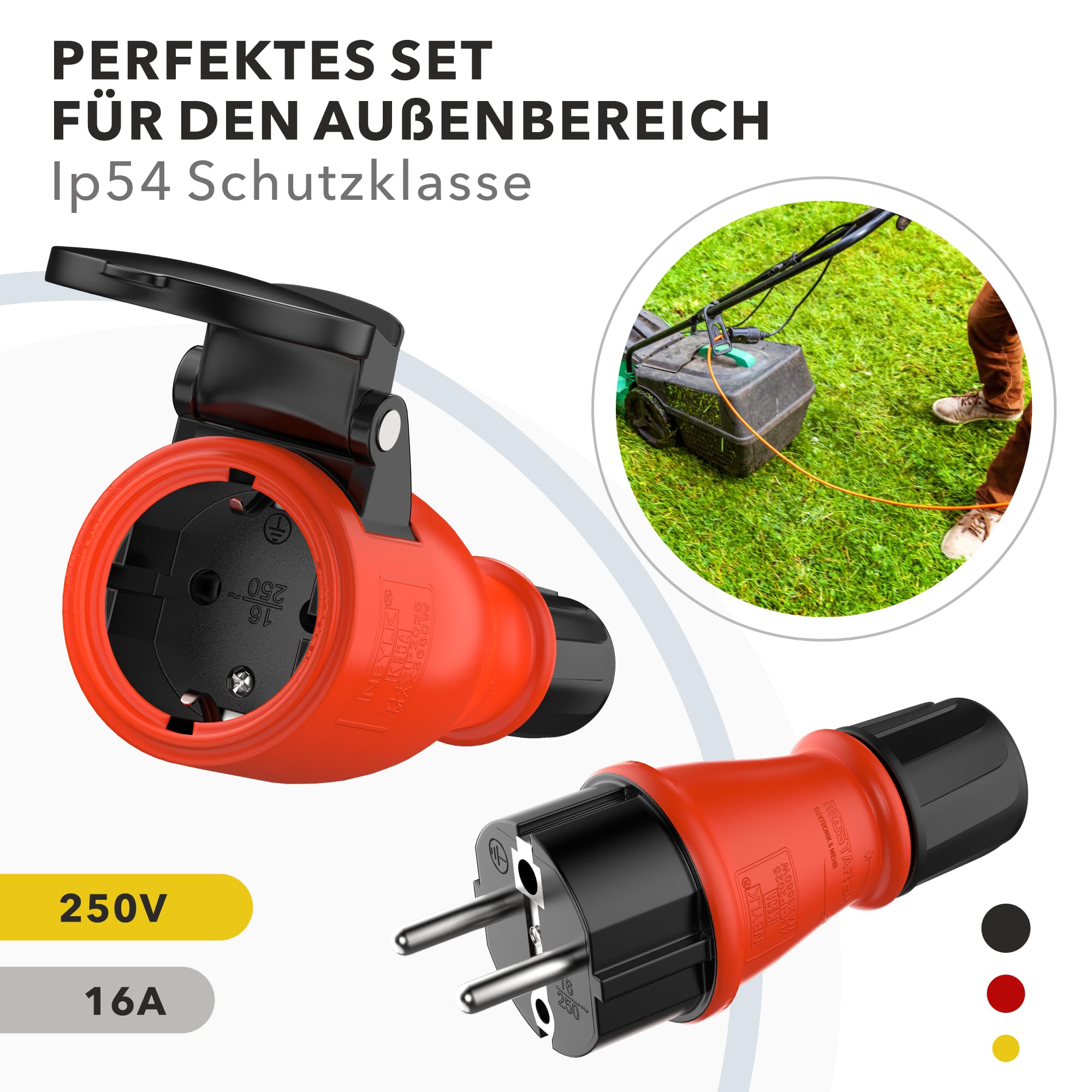Set di spine e giunti in gomma Schuko / presa IP54 | Prolunga | gomma e plastica | per esterni / esterni | chiusura ermetica con sigillo, azionamento a una mano (Set, IP54)