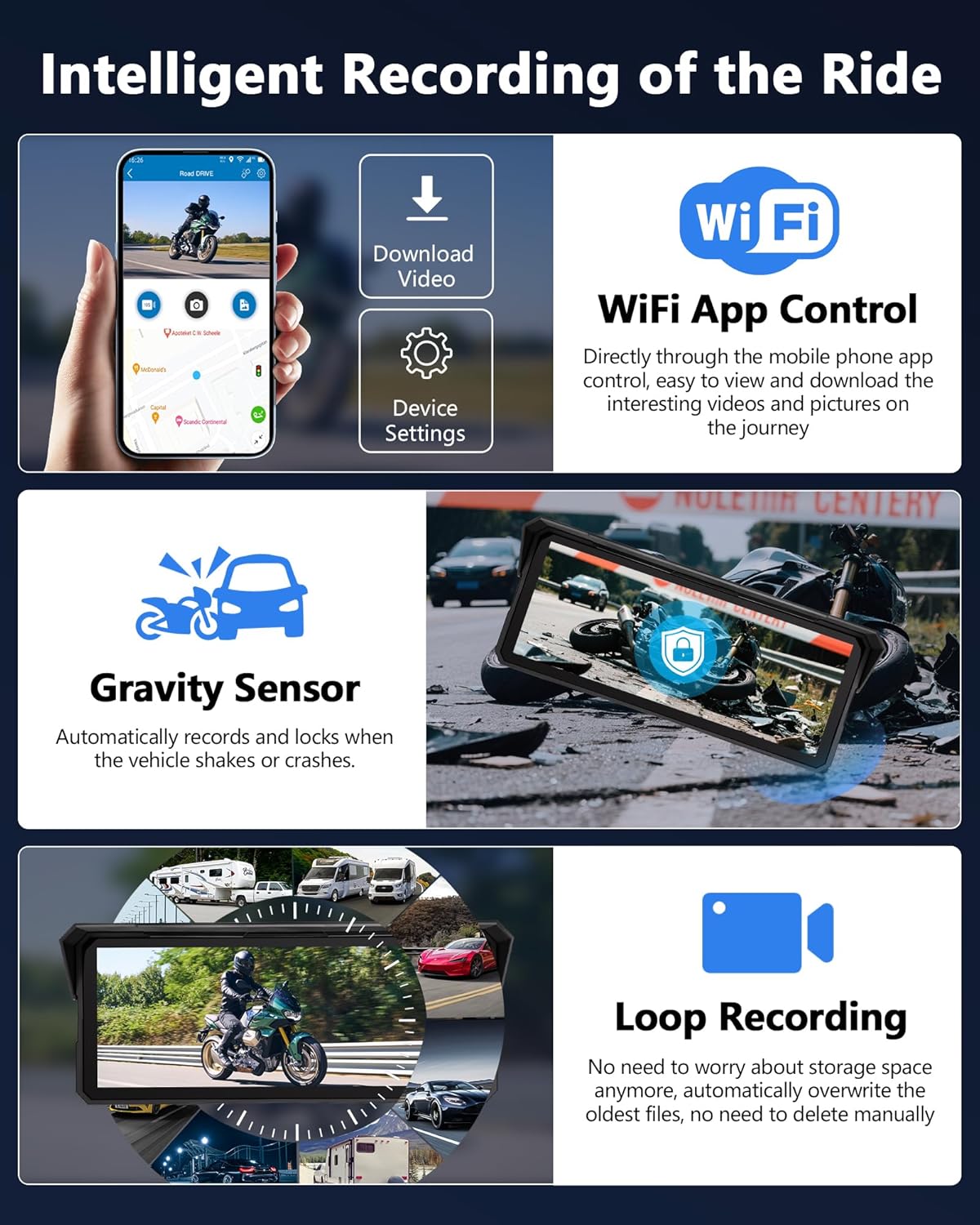 Image illustrating smartphone app control for the Jansite MT58B, showing options to download videos, adjust device settings, and manage loop recording and gravity sensor functions.