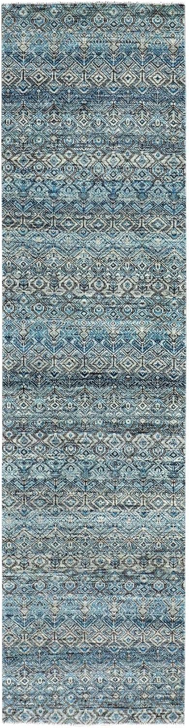 Yale Blue Hand Knotted Kohinoor Herrita Small Geometric Repetitive Design Plush Wool Runner Oriental Rug (2'6"x10')