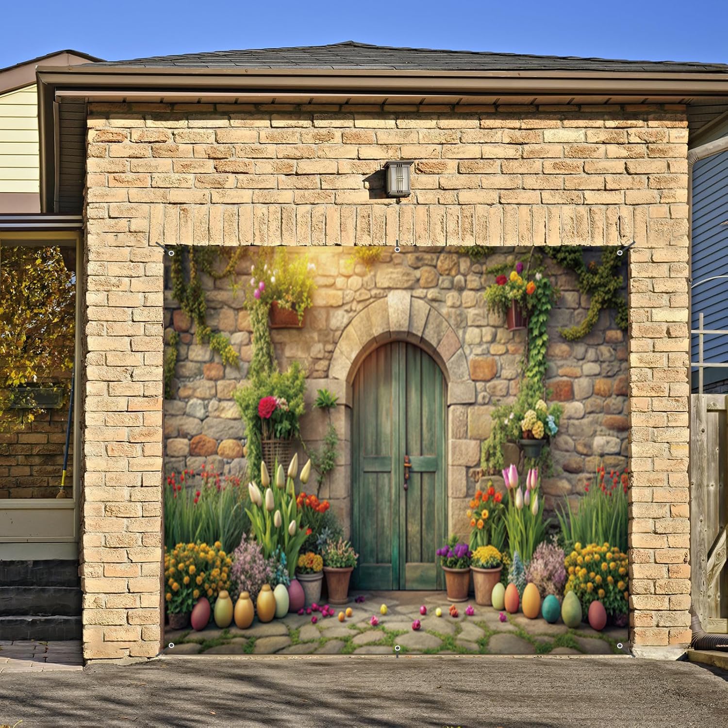 Easter Garage Door Cover Banner Decorations Backdrop 6x8ft Spring Easter Eggs Colorful Flowers Stone Wall Wooden Door Garage Door Outdoor Decorations Easter Party Baby Shower Garage Door Cover