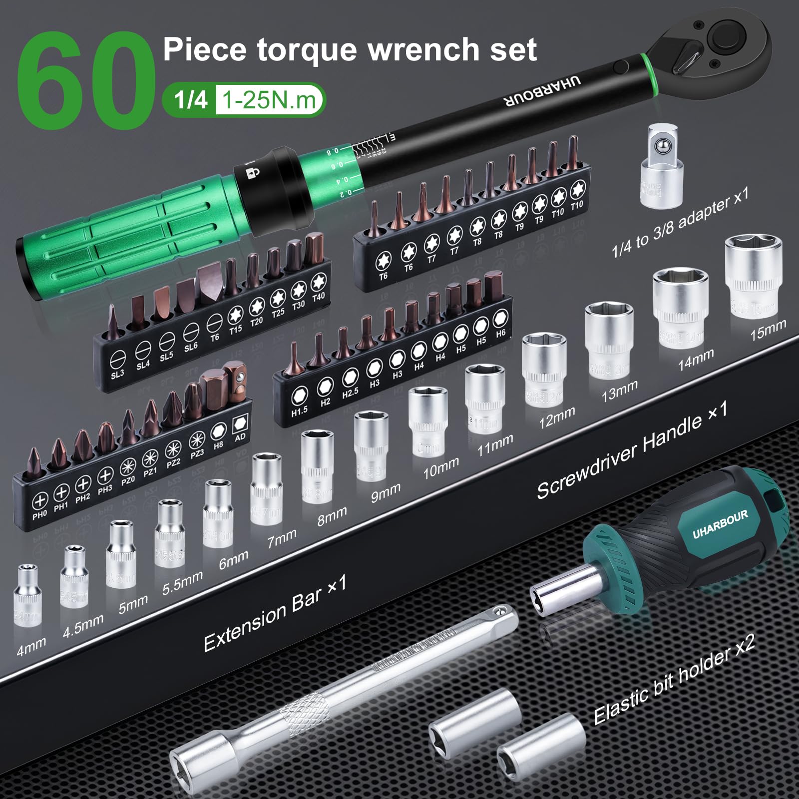 Uharbour 1/4" Torque Wrench Set for Bicycles 1-25 Nm, 60 Pieces Bicycle Torque Wrench Set including Screw Driver Handle, Bits - Image 2
