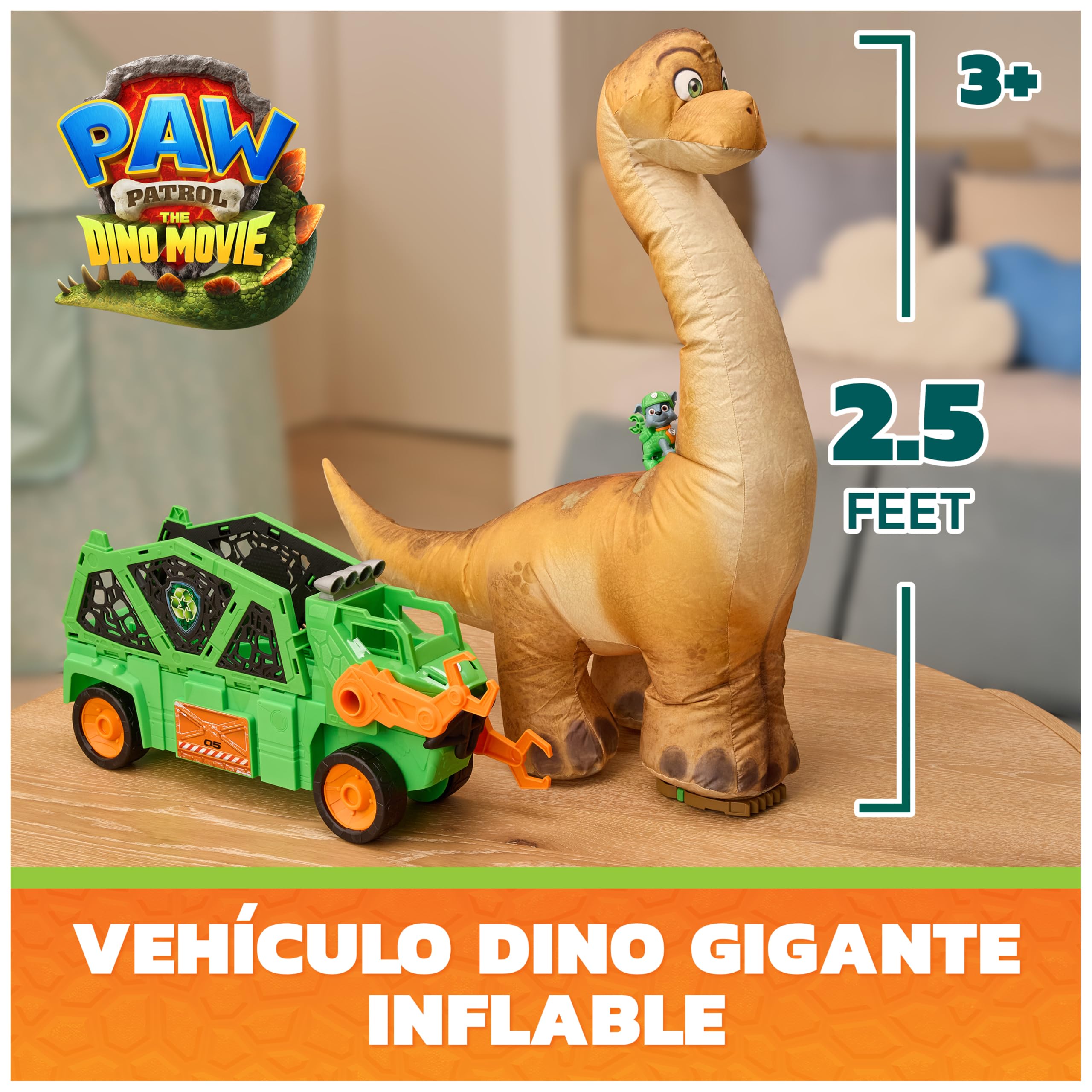 Paw Patrol: The Dino Movie, vehículo de Dinosaurio Megasaurus con Dinosaurio Inflable de 76,2 cm y Figura de acción de Rocky, Juguetes para niños y niñas preescolares, a Partir de 3 años
