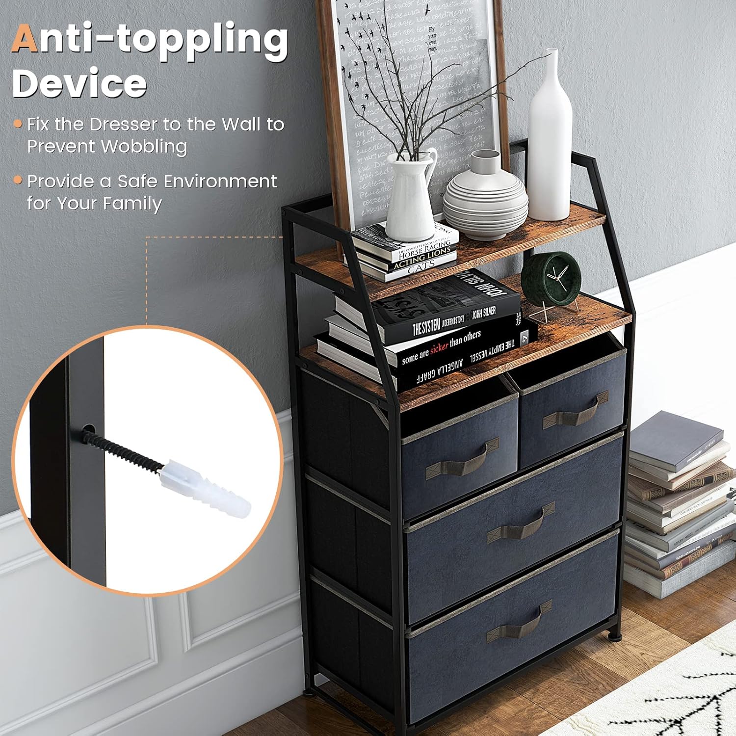 Giantex 4-Drawer Storage Dresser for Bedroom - Tall Storage Tower Unit with 2-Tier Shelf & Fabric Bins, Floor Storage Chest of Drawers for Closet, Living Room, Bedroom, Entryway Storage Organizer