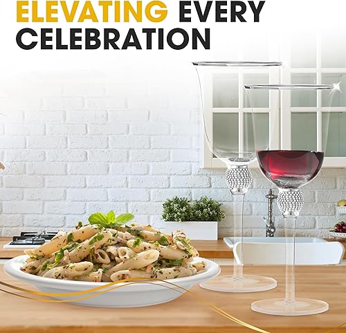 Miniatura 7 de Juego de 6 copas de vino de alta calidad, copa de vino de tallo largo con borde plateado y diseño de diamantes de imitación, 18 onzas