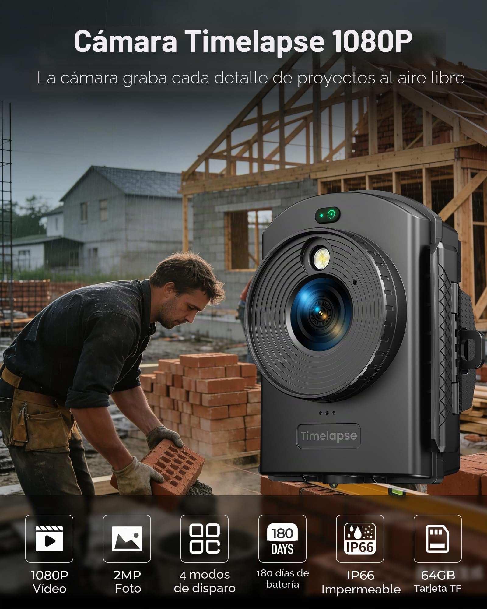 Cámara Timelapse para Exteriores con Tarjeta de 64 GB, 1080P AVI Videos y Fotos Time Lapse Camera de Grabación de 180 Días, Cámara de Lapso de Tiempo con Posicionamiento IR para Construcción, Plantas