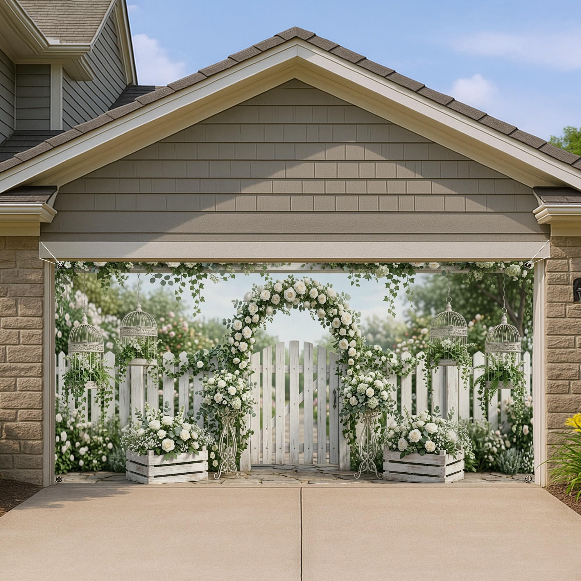 Housse de porte de garage grand format 397x180 décor de jardin blanc vintage