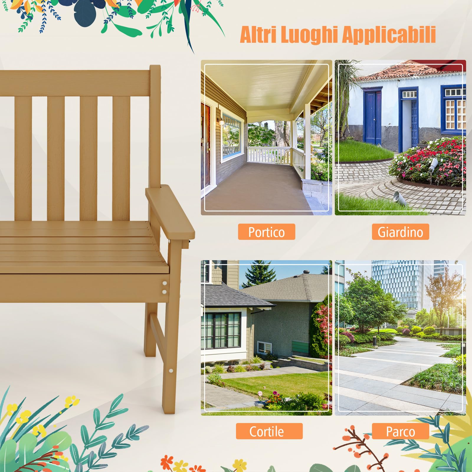COSTWAY Panchina da Esterno in HDPE Resistente, Portata 320 kg, Naturale | Panca da Giardino con Schienale e Braccioli, Panchina da Parco, Balcone, Spogliatoio e Cortile, 132 x 65 x 91 cm