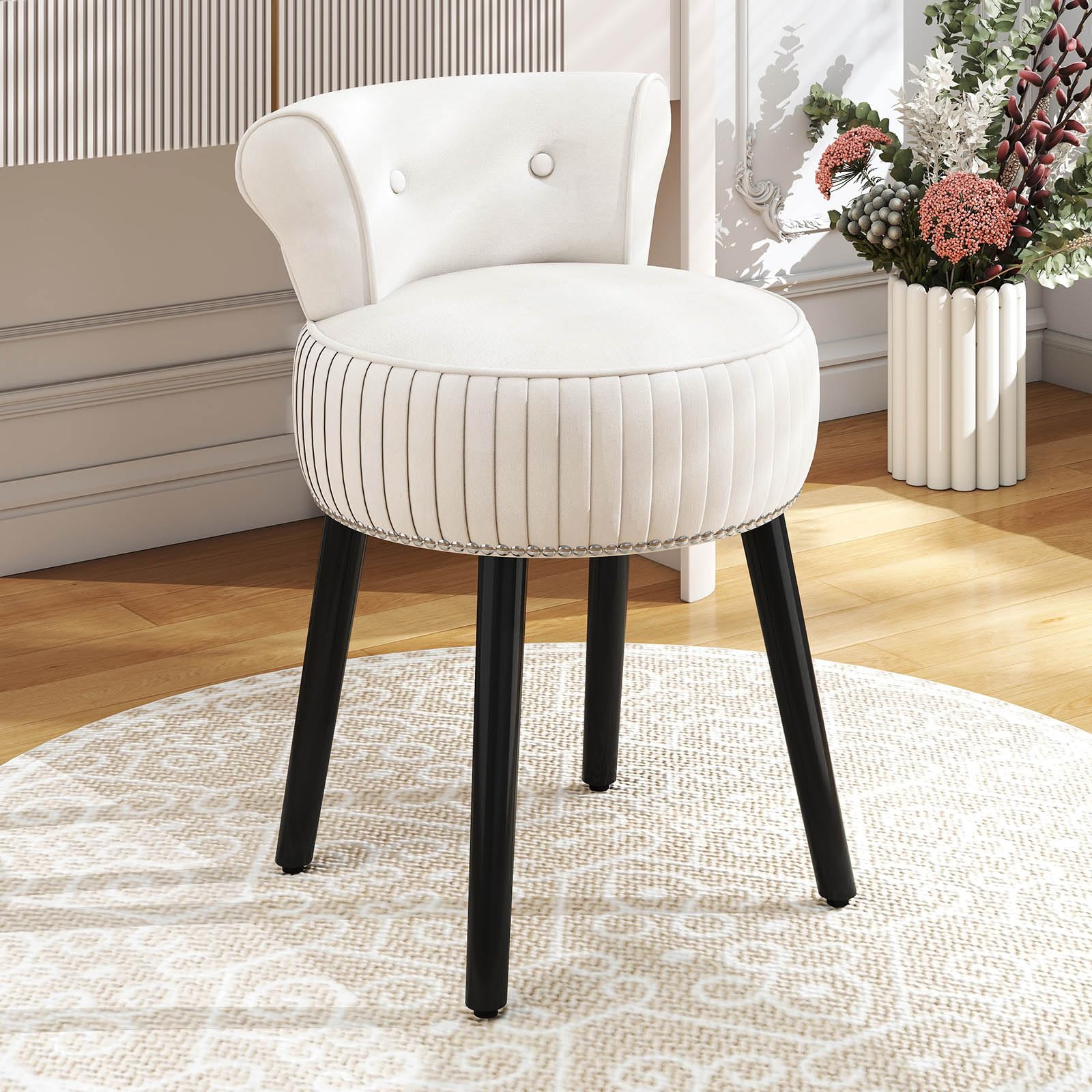 GIANTEX Silla para Tocador, Taburete de Maquillaje con Respaldo, Silla Acolchada de Terciopelo con Patas de Madera de Caucho, Sillón Moderno sin Brazos para Dormitorio Vestidor Sala de Estar (Beige)
