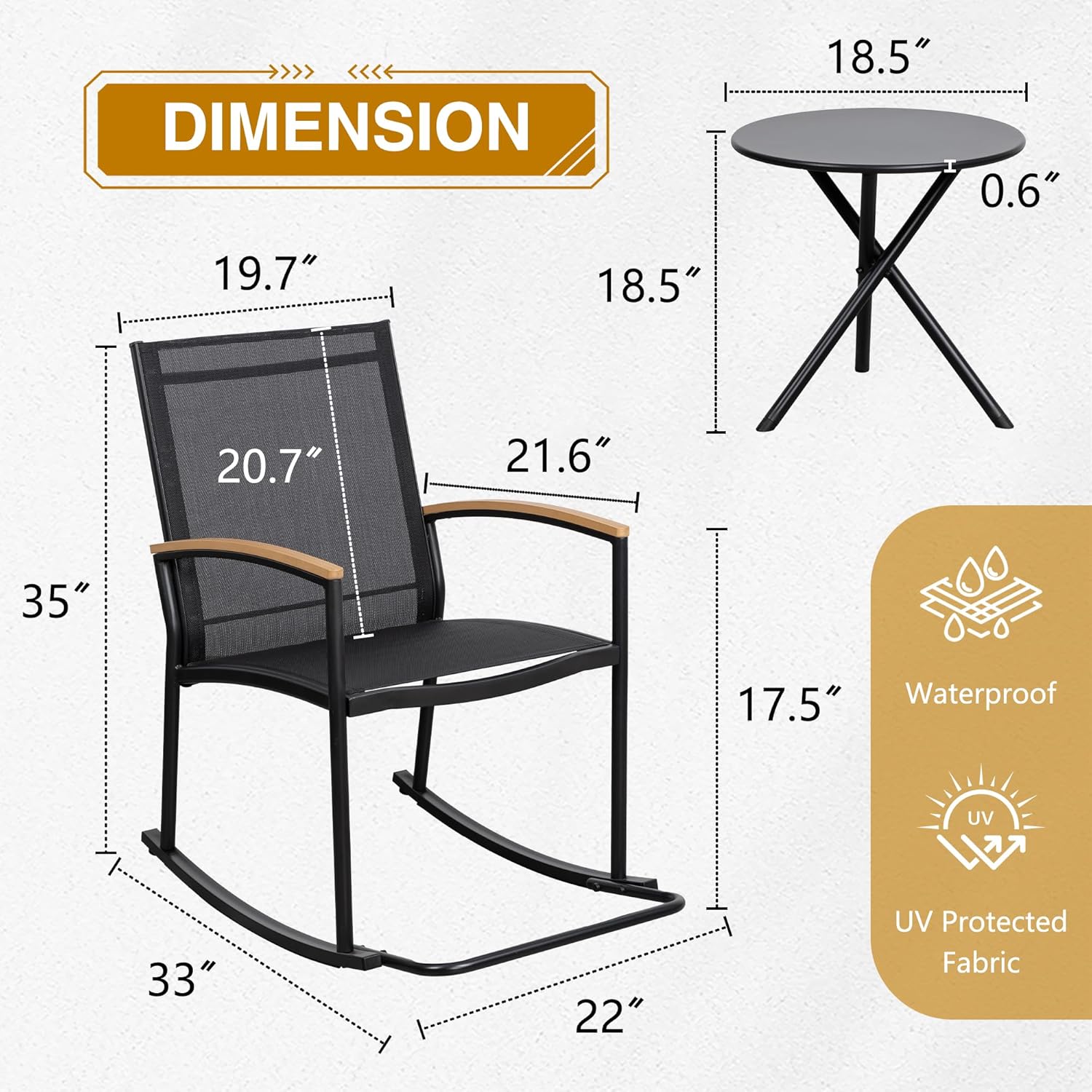 3-Piece Outdoor Rocking Bistro Set with Side Table, Ergonomic Rockers with Rust-Resistant Steel & Breathable Mesh Furniture for Small Balcony, Deck, and Morning Coffee, Black