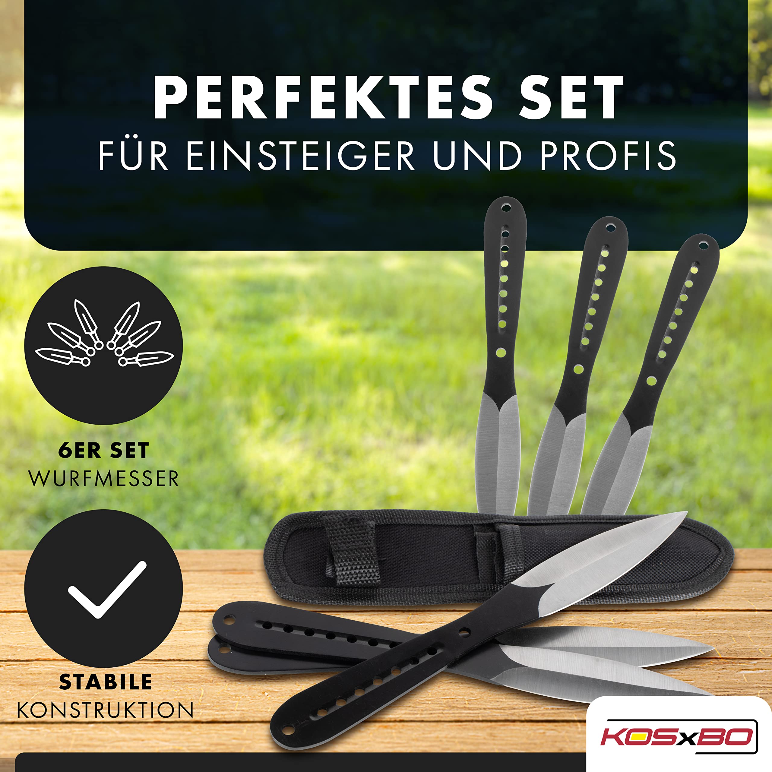 KOSxBO® 6 teiliges Wurfmesser Set 22,5 cm schwarz Tomahawk Edition inklusive Cordura Holster mit Gürtelclip 6 hochwertige Throwing Knives - Ninja Wurfmesser