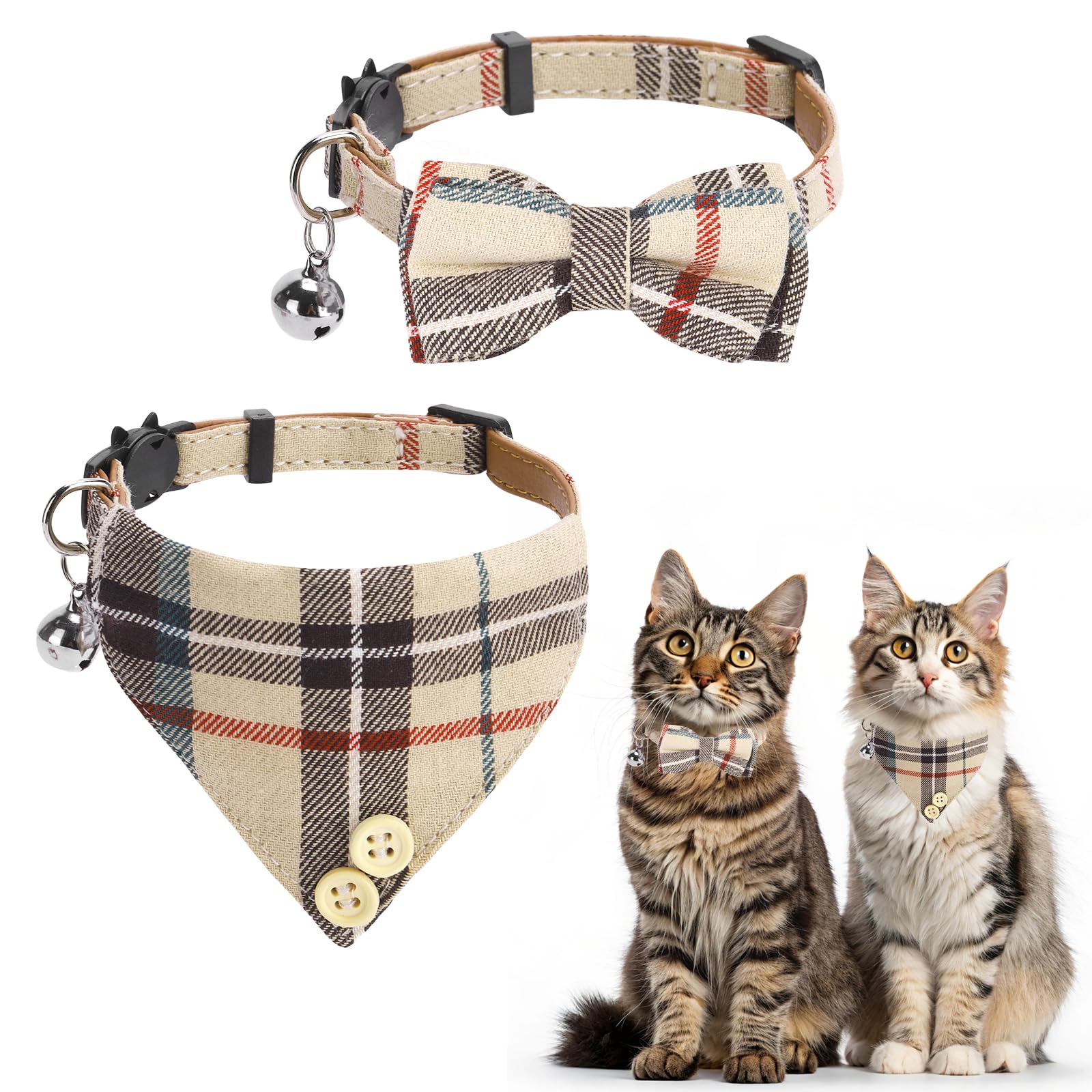 KOOLTAIL Cat Collar Breakaway with Bells and Bowtie, 2 Pack Cute Leather Cat Bandana Collar, Classic Plaid Design with Safety Buckle Adjustable Size for Small Kitten Boys Girls,Beige