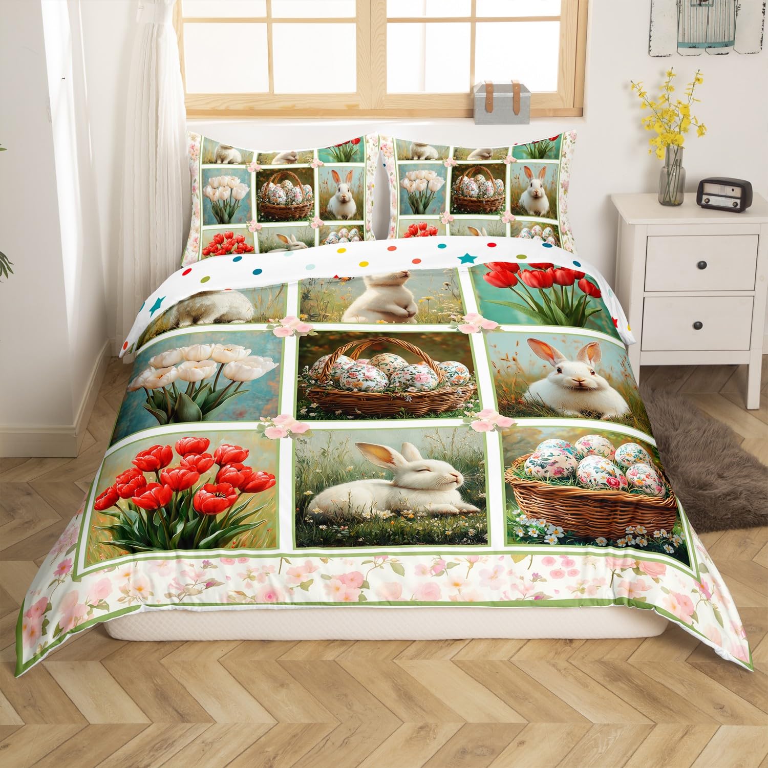 Easter Rabbit Duvet Cover Set Toddler,Pink Blossom Flower Bedding Set for Kids Boys Girls Room Decor,Happy Easter Cute Bunny Comforter Cover 2Pcs,Easter Plaid Patchwork Bedspreads Cover,1 Pillowcase