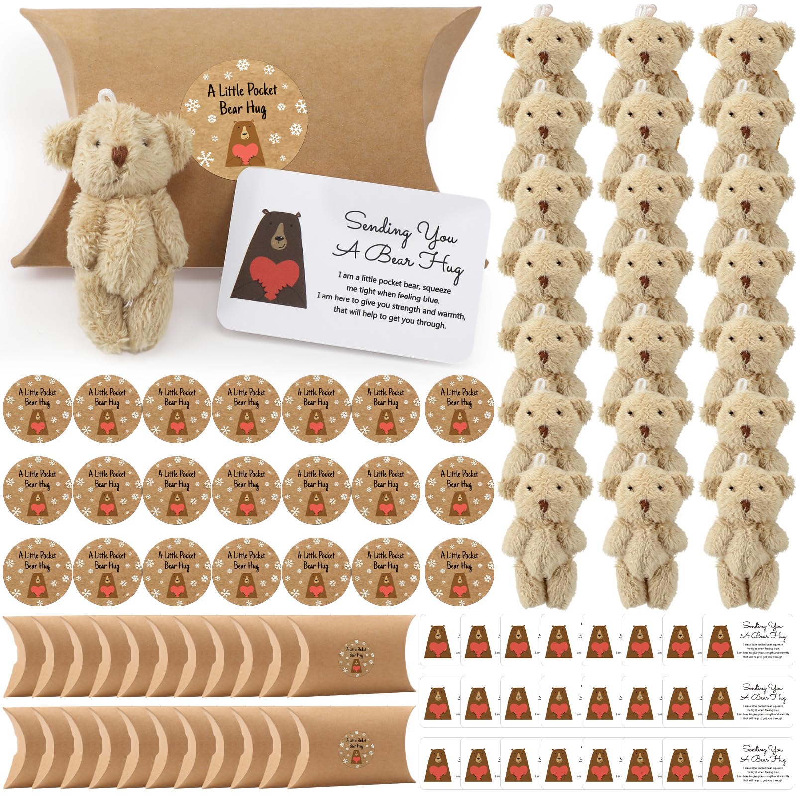 Libima 12 Sets Little Pocket Bear Hug Back to School Gifts Bulk Cute Mini Plush Bears Toy Stuffed Animals Pillow Boxes with Stickers, Tags for School Classroom Party Wedding Birthday Gift (Beige)