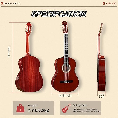 Miniatura 22 de Vangoa Guitarra clásica, cuerda de nailon de 39 pulgadas, guitarra española para principiantes de tamaño completo con tapa de abeto y parte trasera